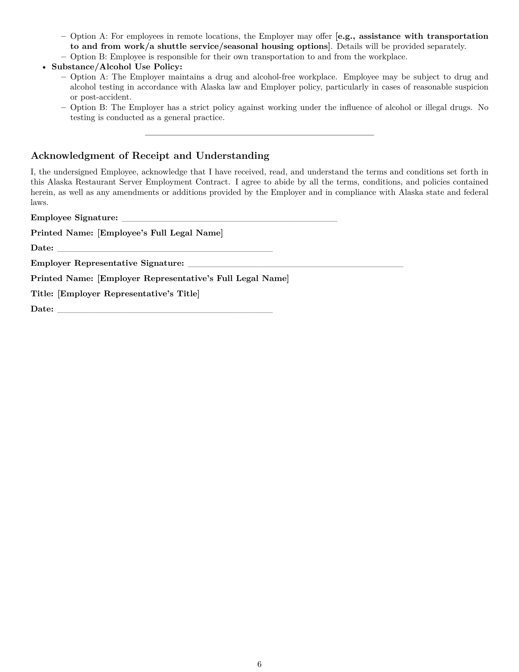 Preview page 6 of Pro Alaska restaurant server employment contract template