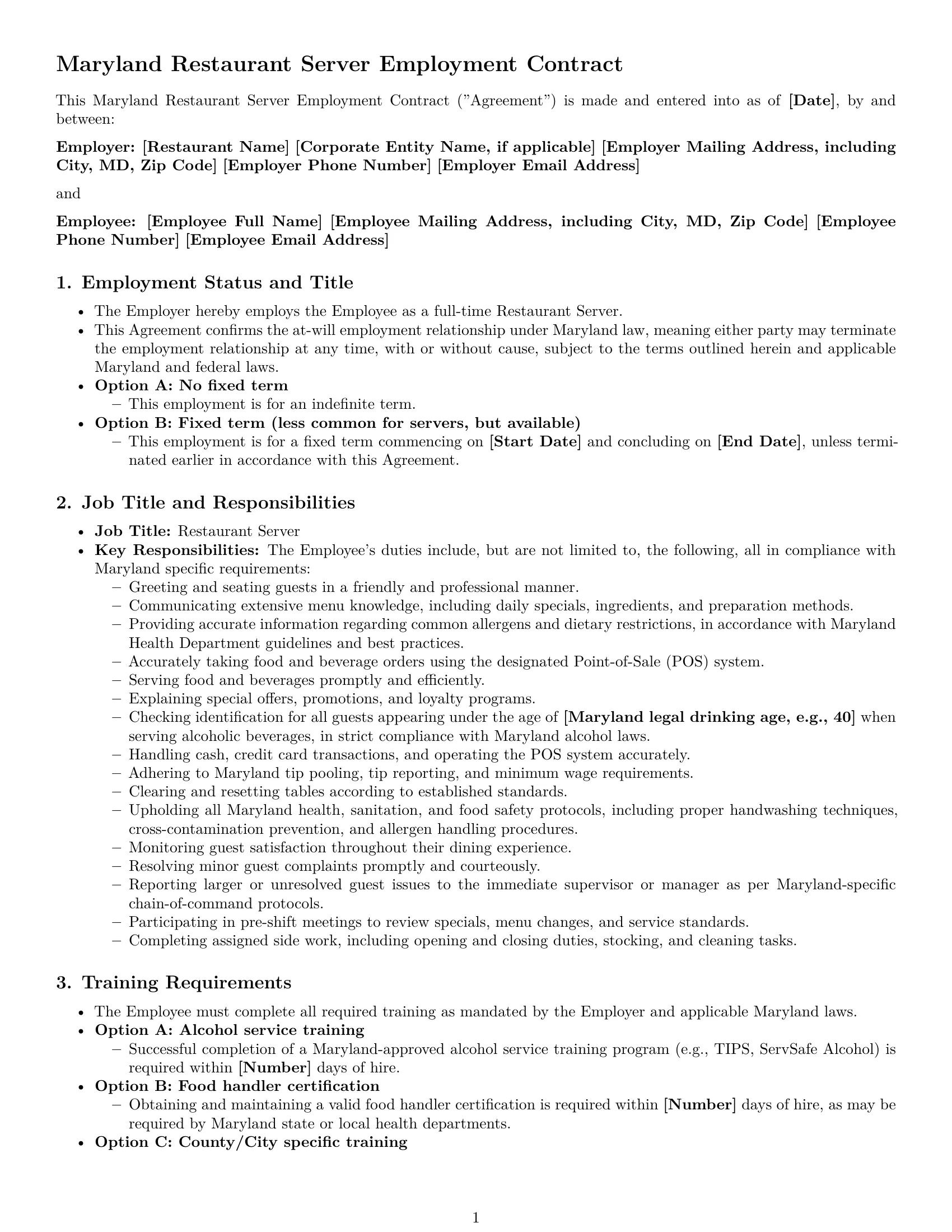Preview page 1 of Pro Maryland restaurant server employment contract template