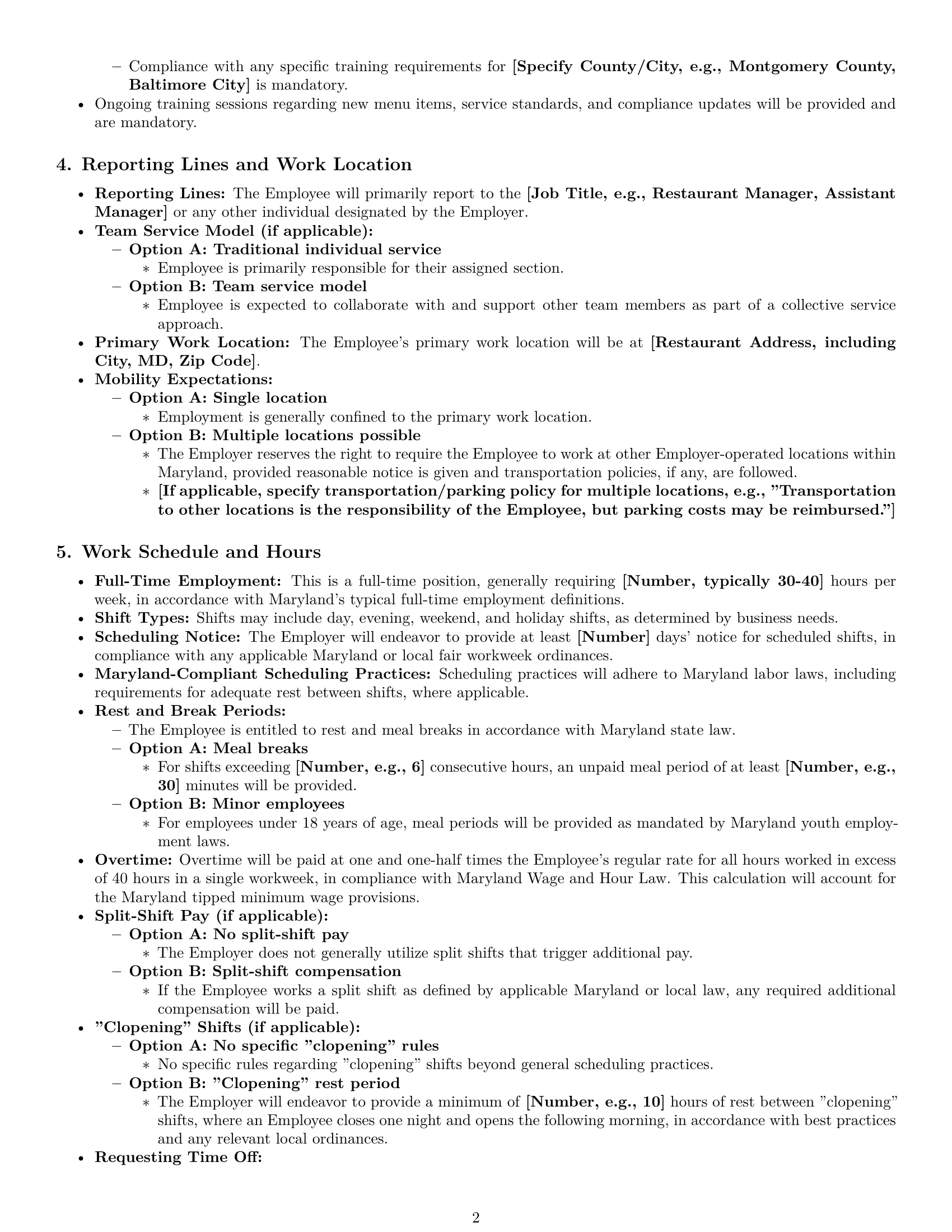 Preview page 2 of Pro Maryland restaurant server employment contract template