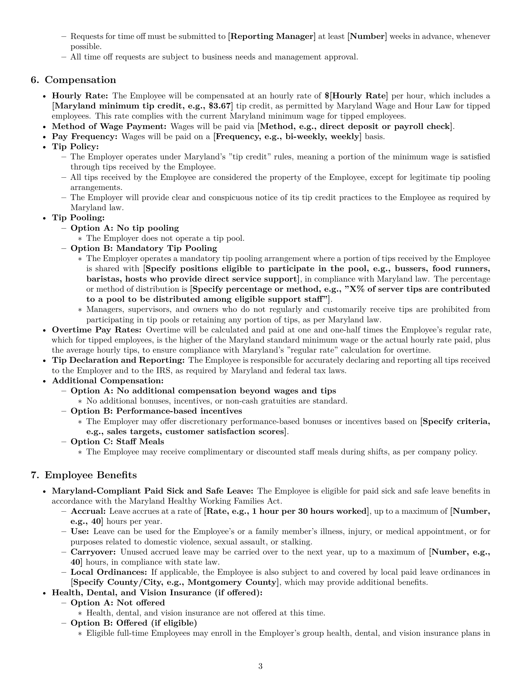 Preview page 3 of Pro Maryland restaurant server employment contract template