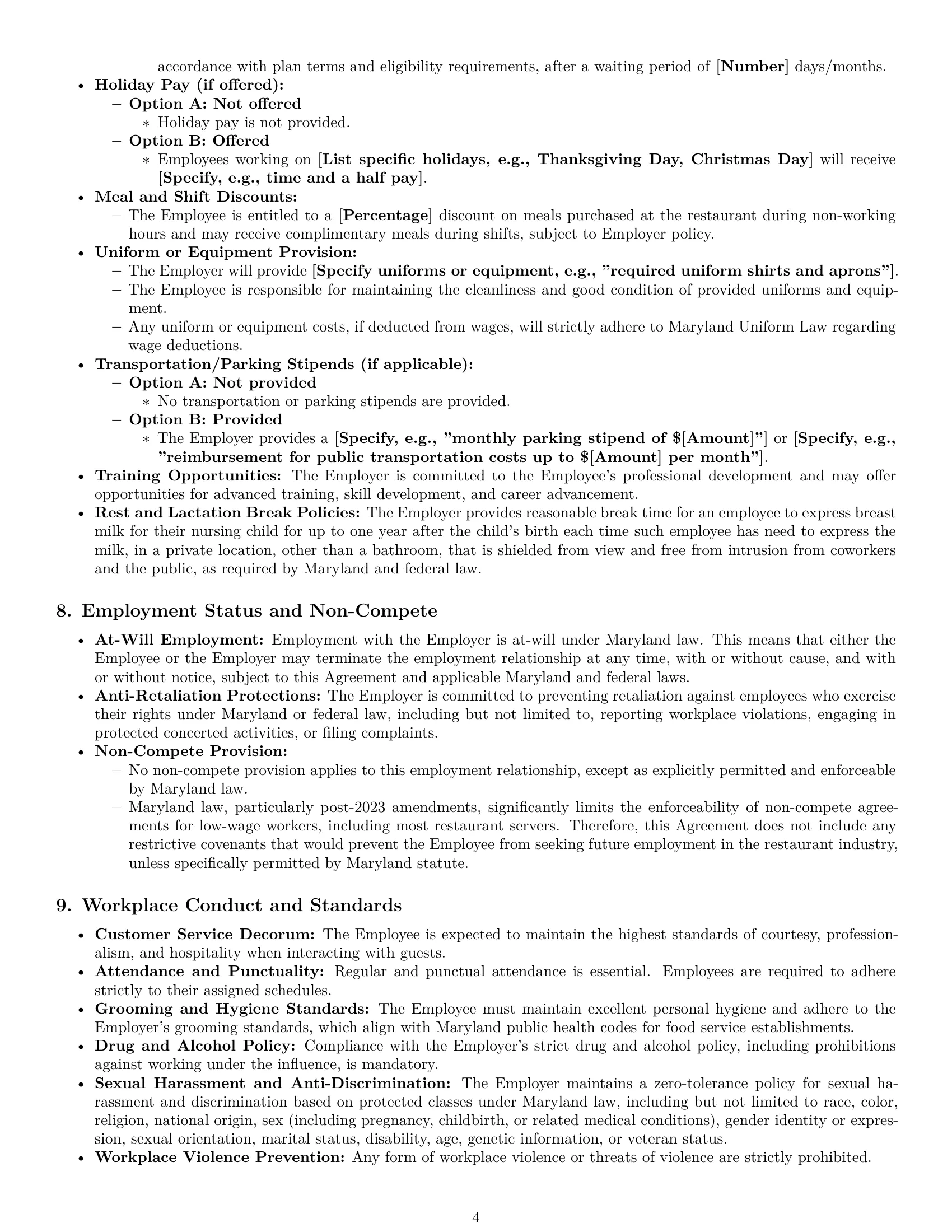 Preview page 4 of Pro Maryland restaurant server employment contract template