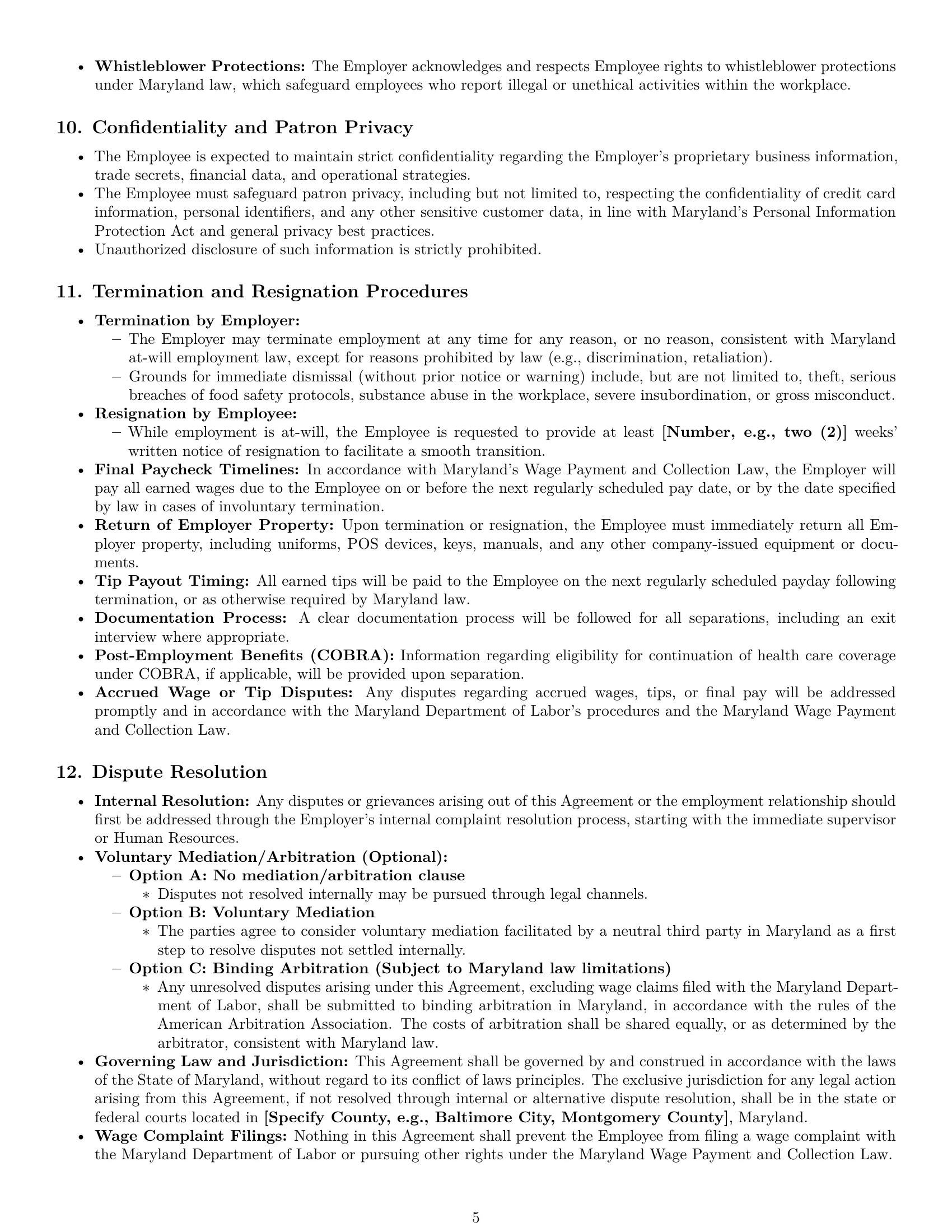 Preview page 5 of Pro Maryland restaurant server employment contract template
