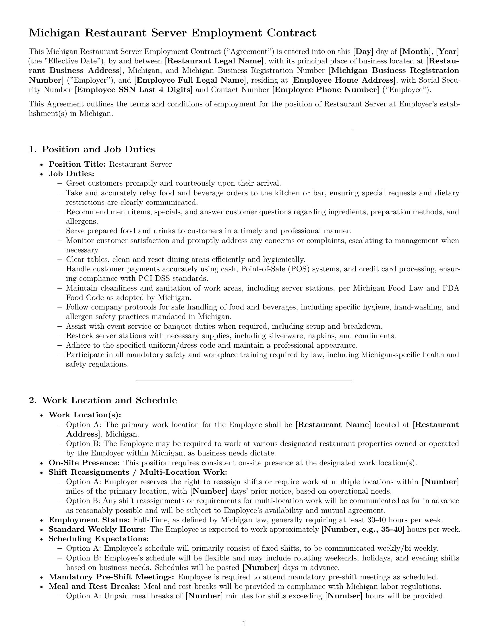 Preview page 1 of Pro Michigan restaurant server employment contract template
