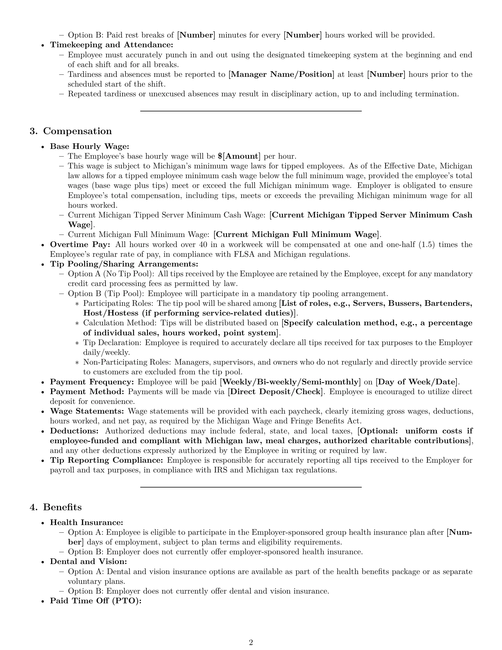 Preview page 2 of Pro Michigan restaurant server employment contract template