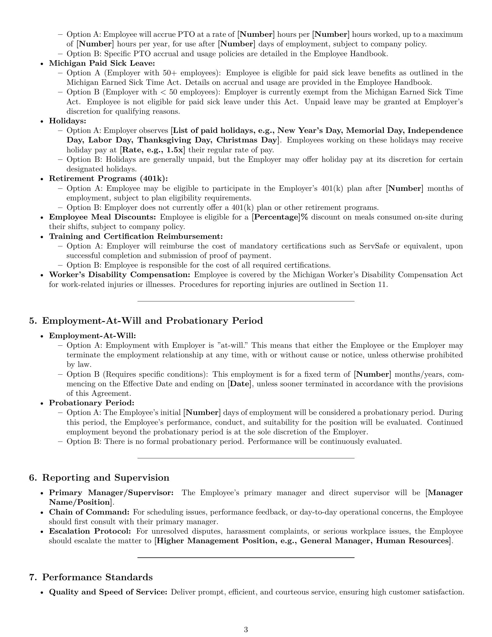 Preview page 3 of Pro Michigan restaurant server employment contract template