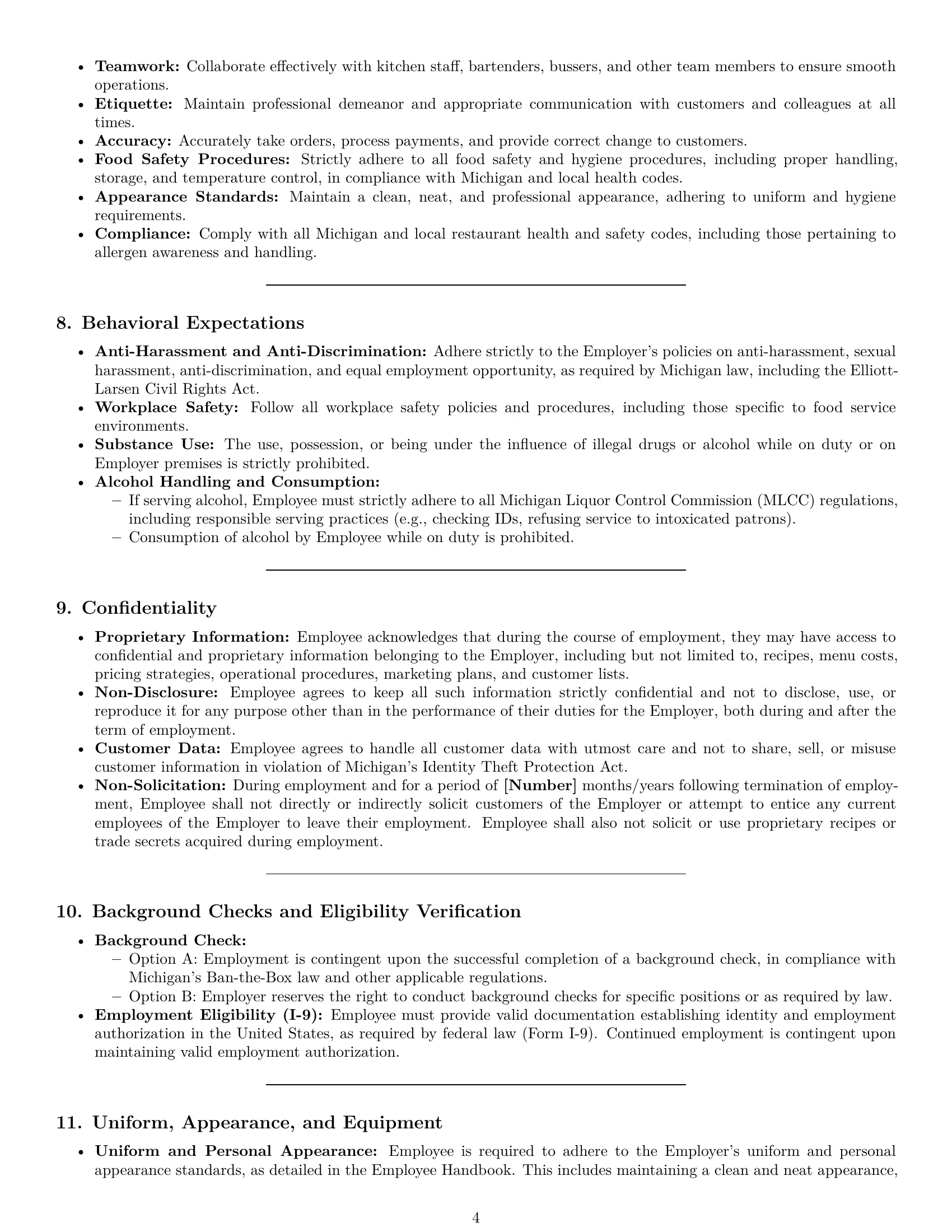 Preview page 4 of Pro Michigan restaurant server employment contract template