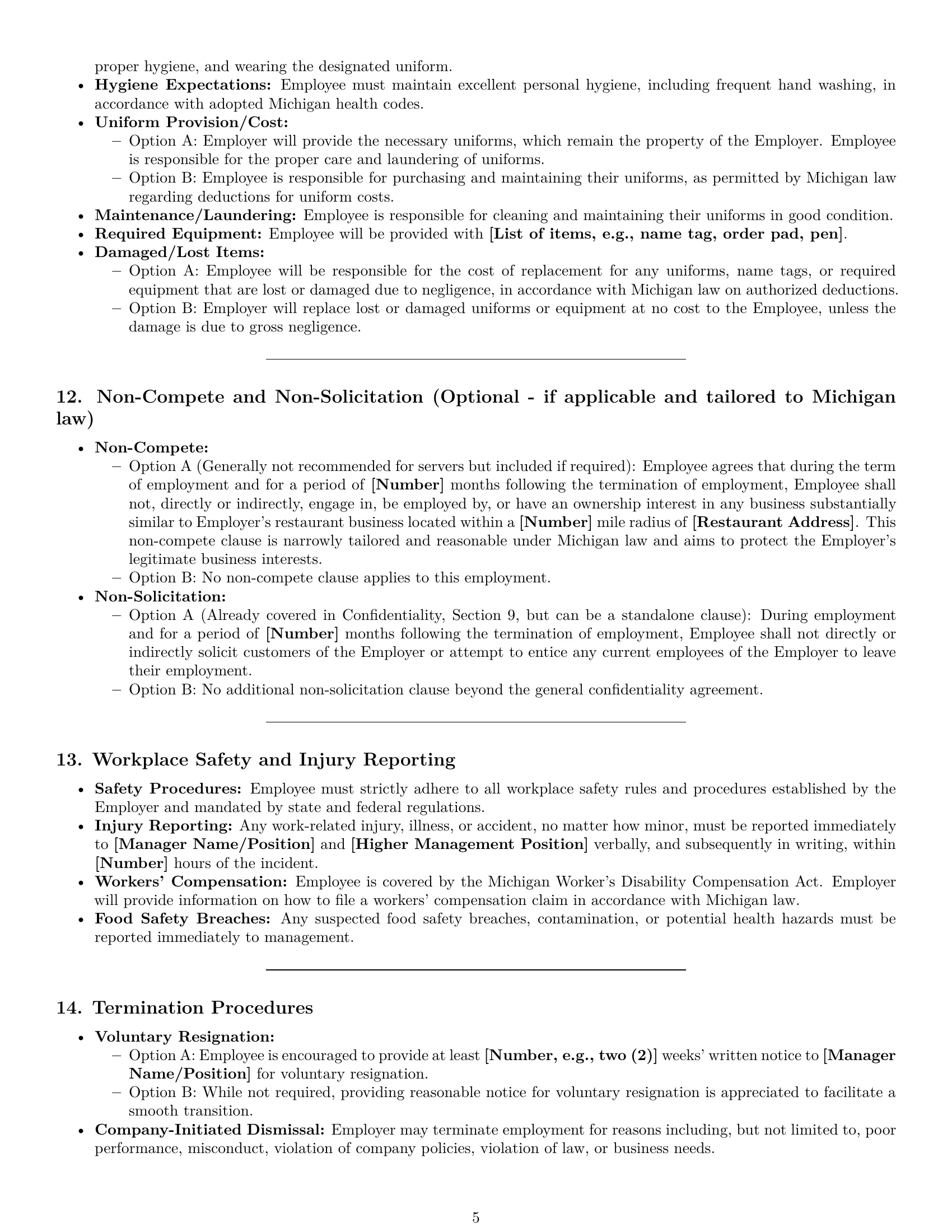 Preview page 5 of Pro Michigan restaurant server employment contract template