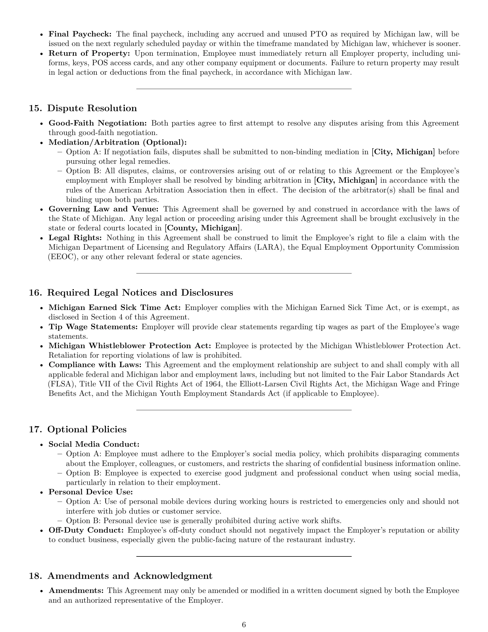 Preview page 6 of Pro Michigan restaurant server employment contract template