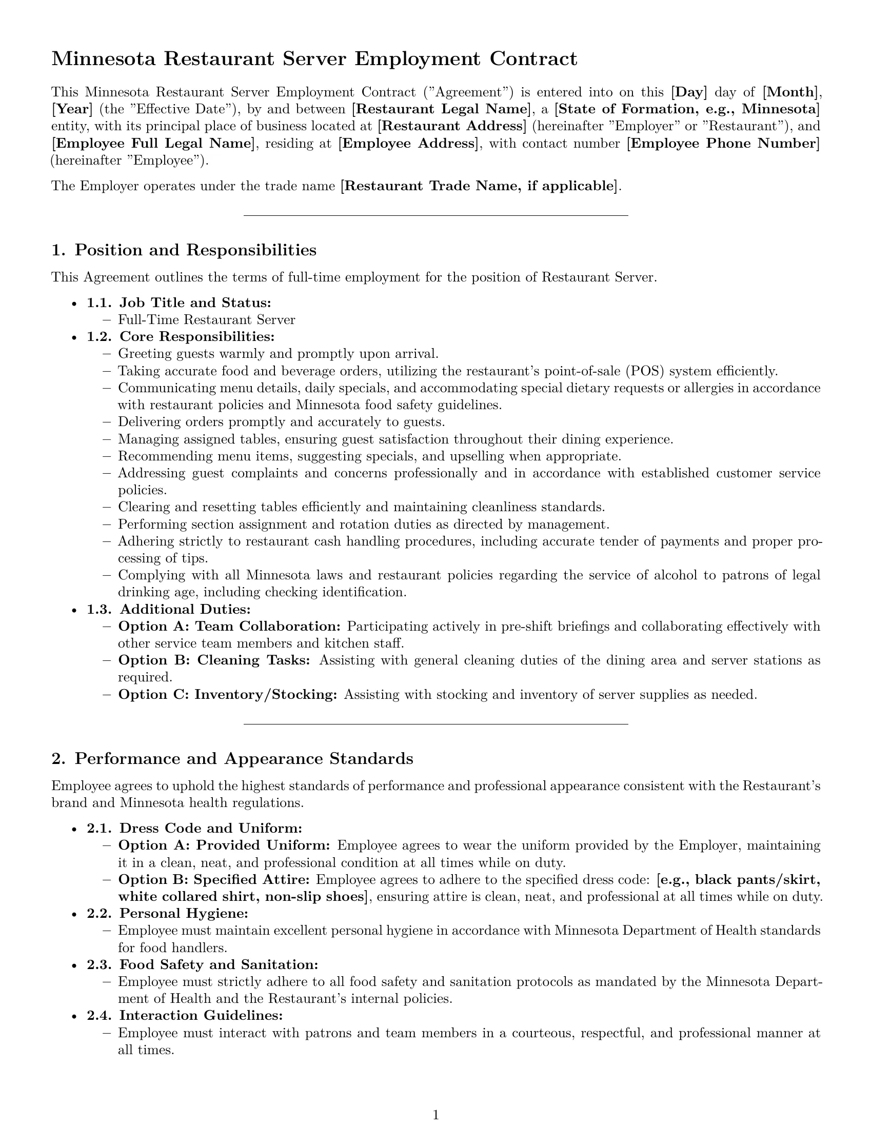Preview page 1 of Pro Minnesota restaurant server employment contract template
