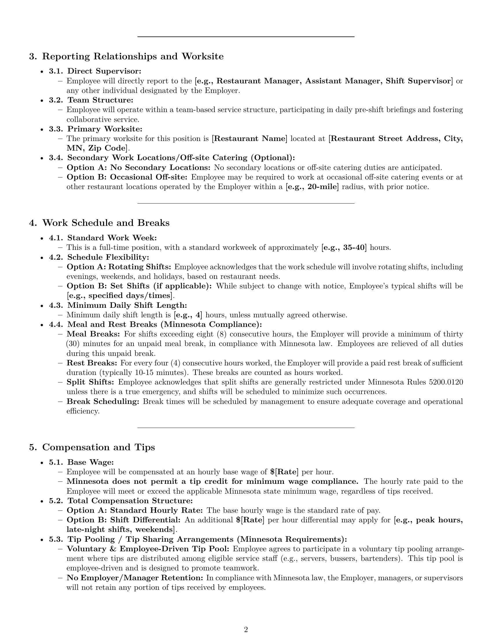 Preview page 2 of Pro Minnesota restaurant server employment contract template