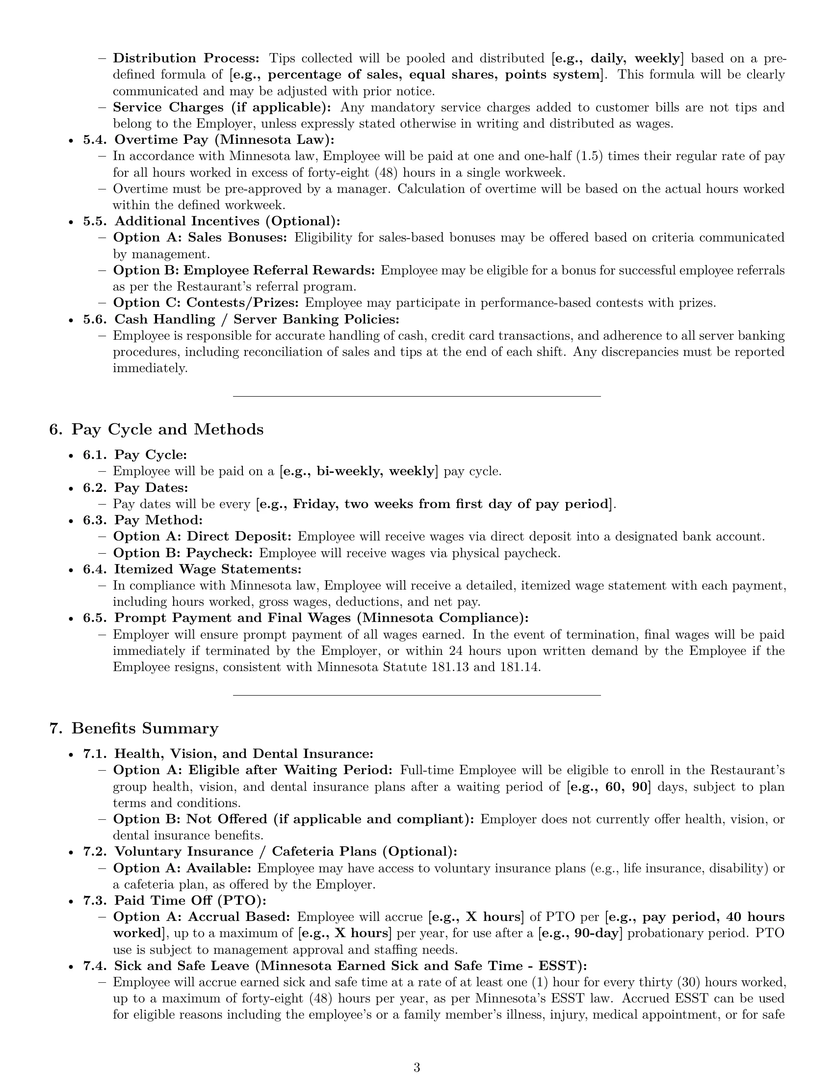 Preview page 3 of Pro Minnesota restaurant server employment contract template