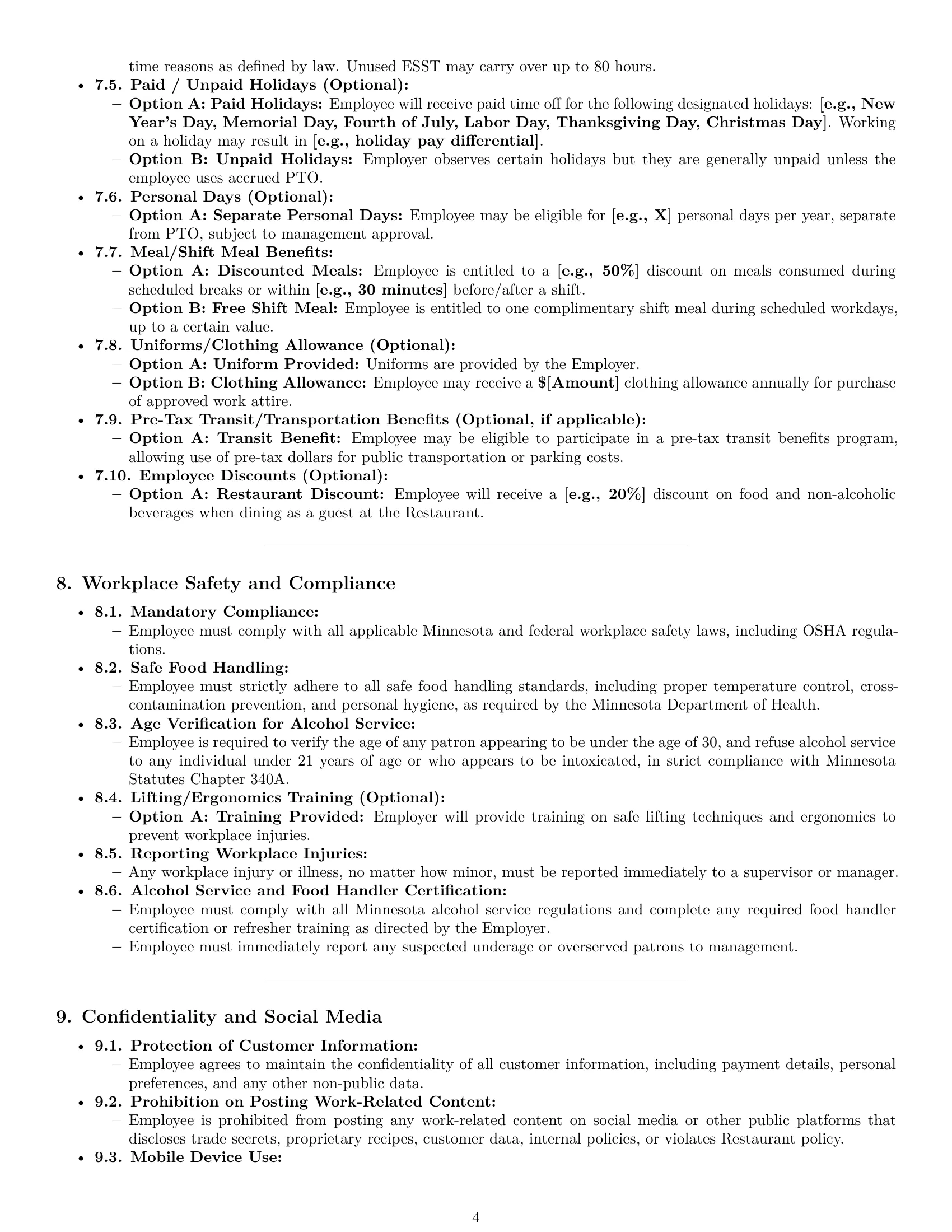 Preview page 4 of Pro Minnesota restaurant server employment contract template