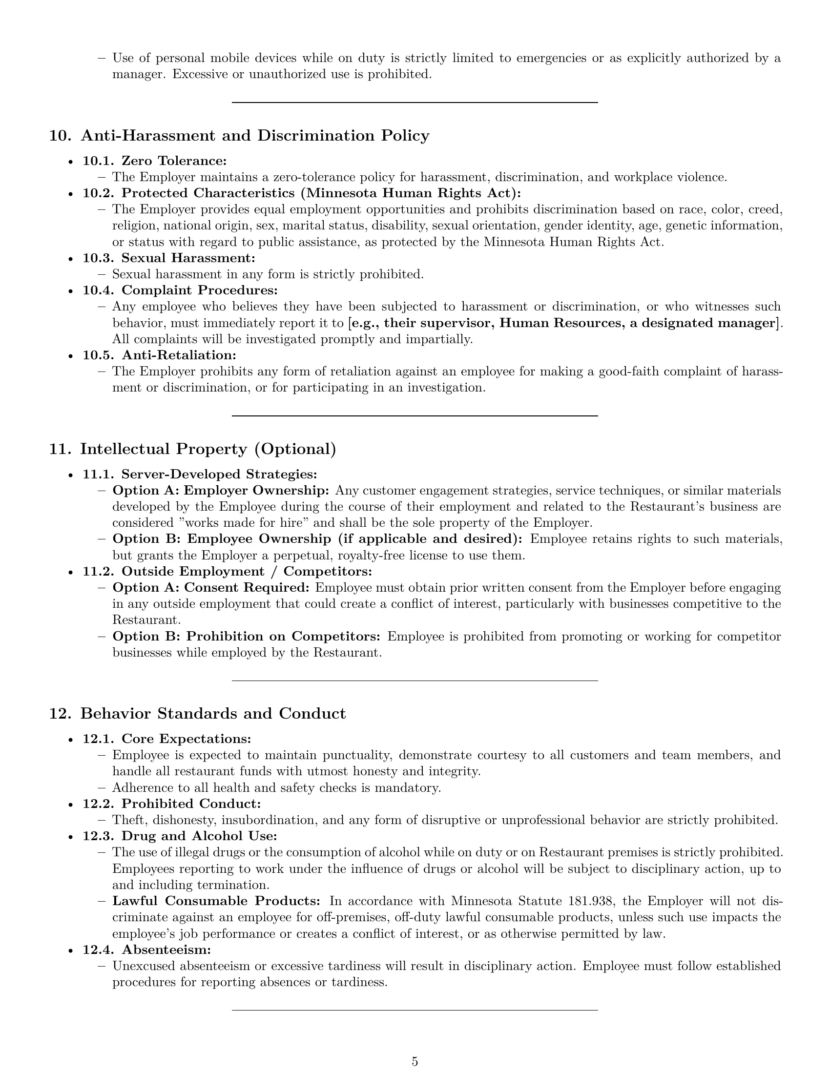 Preview page 5 of Pro Minnesota restaurant server employment contract template