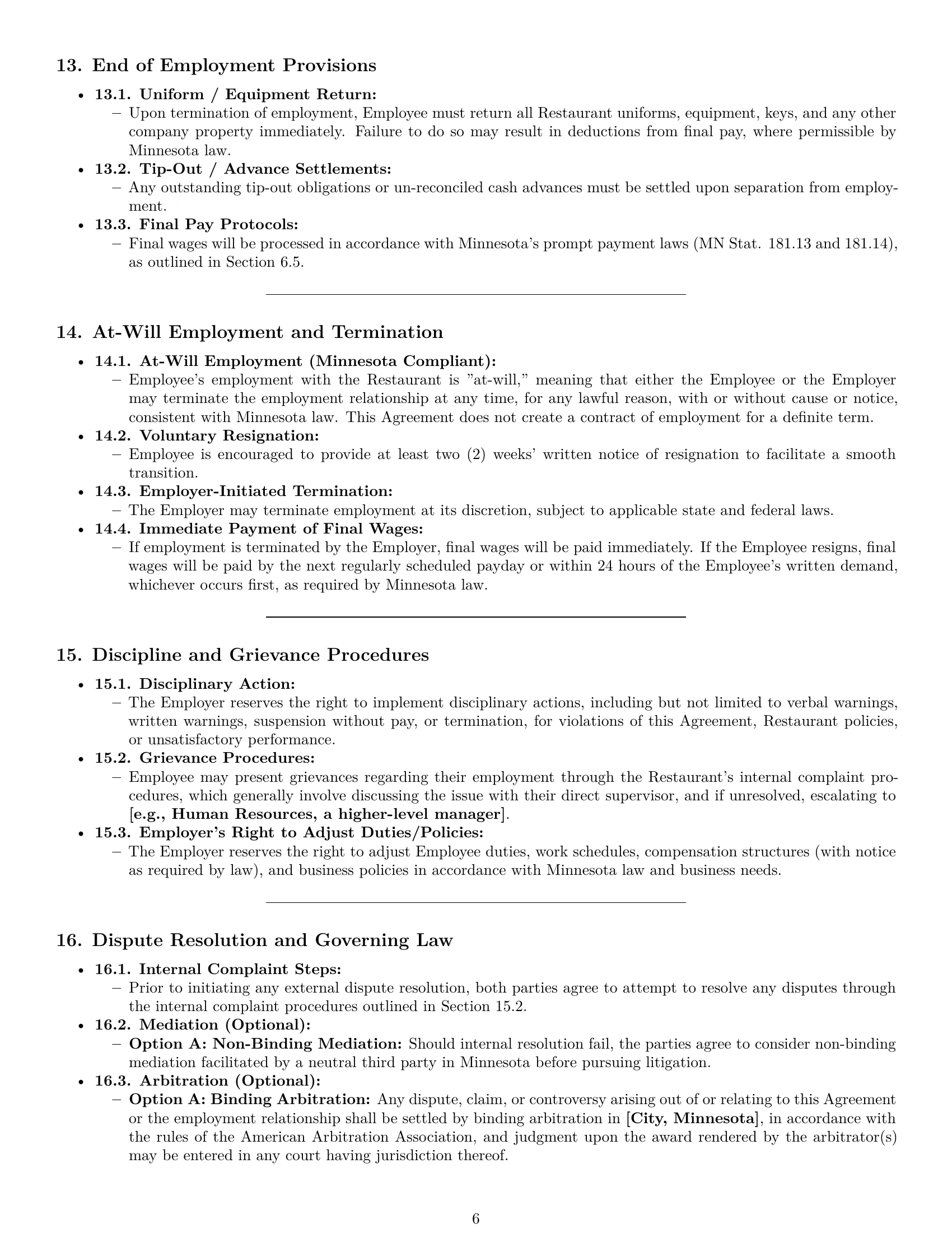 Preview page 6 of Pro Minnesota restaurant server employment contract template