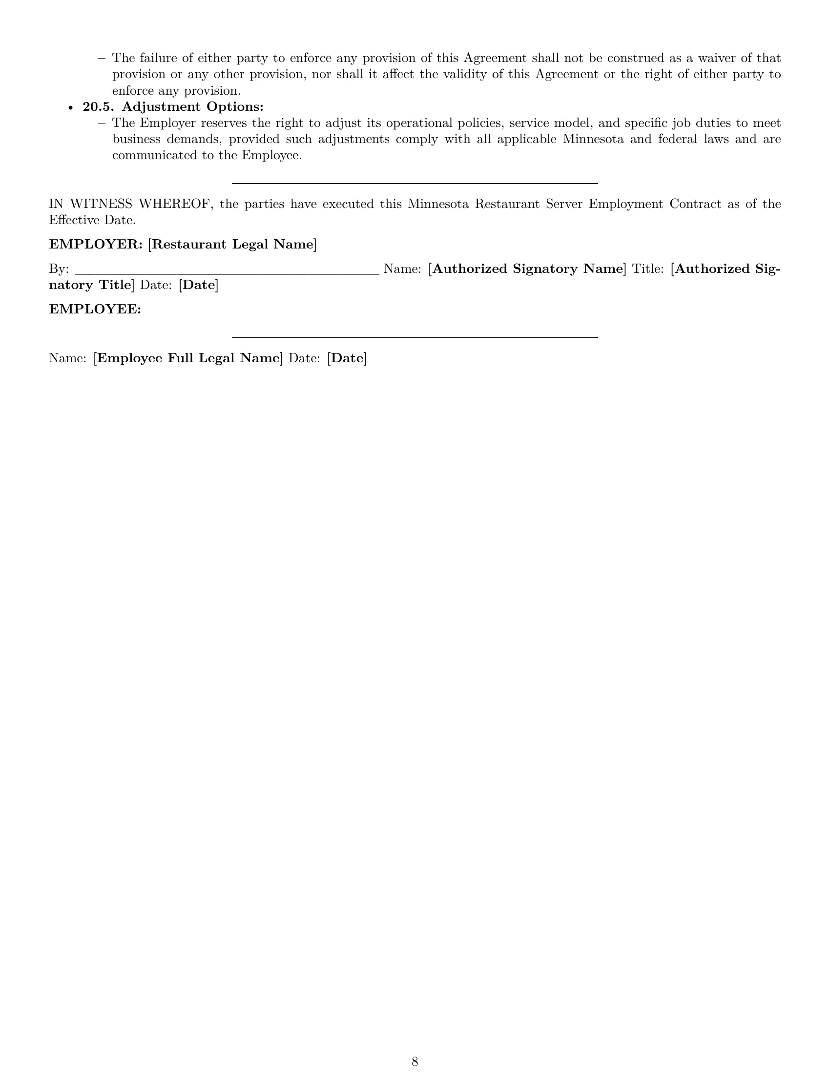 Preview page 8 of Pro Minnesota restaurant server employment contract template