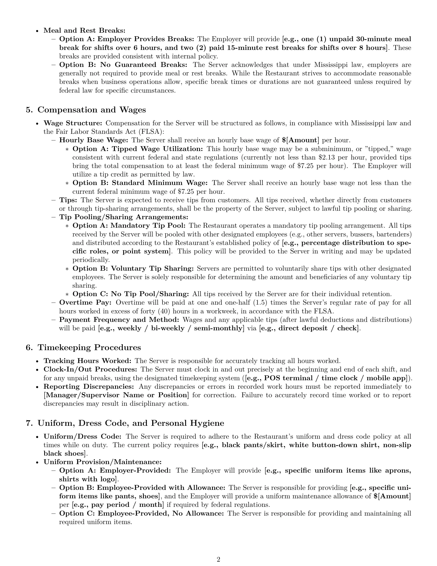Preview page 2 of Pro Mississippi restaurant server employment contract template