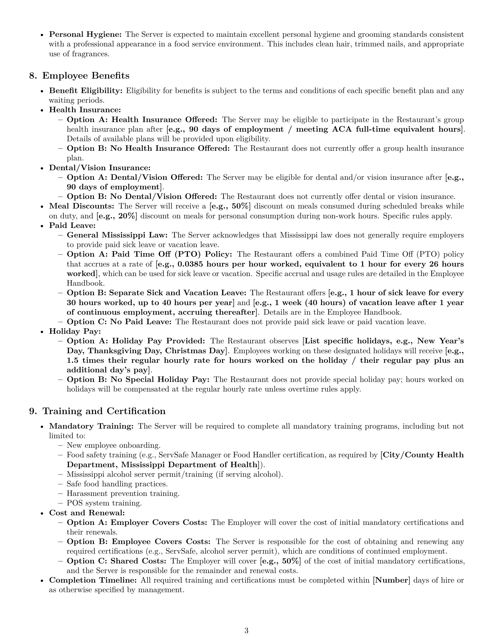 Preview page 3 of Pro Mississippi restaurant server employment contract template