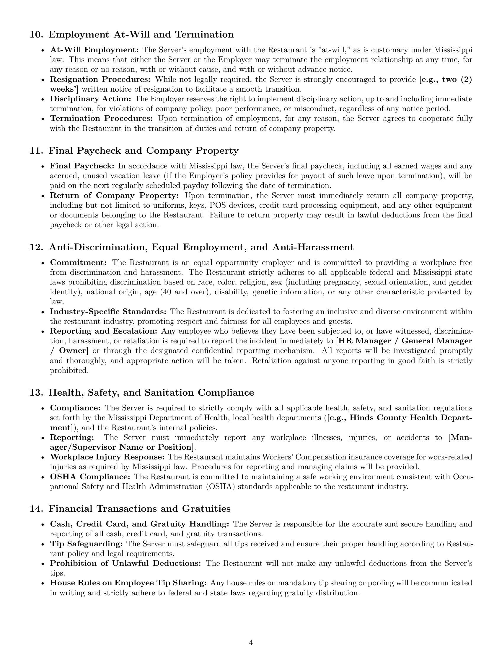Preview page 4 of Pro Mississippi restaurant server employment contract template