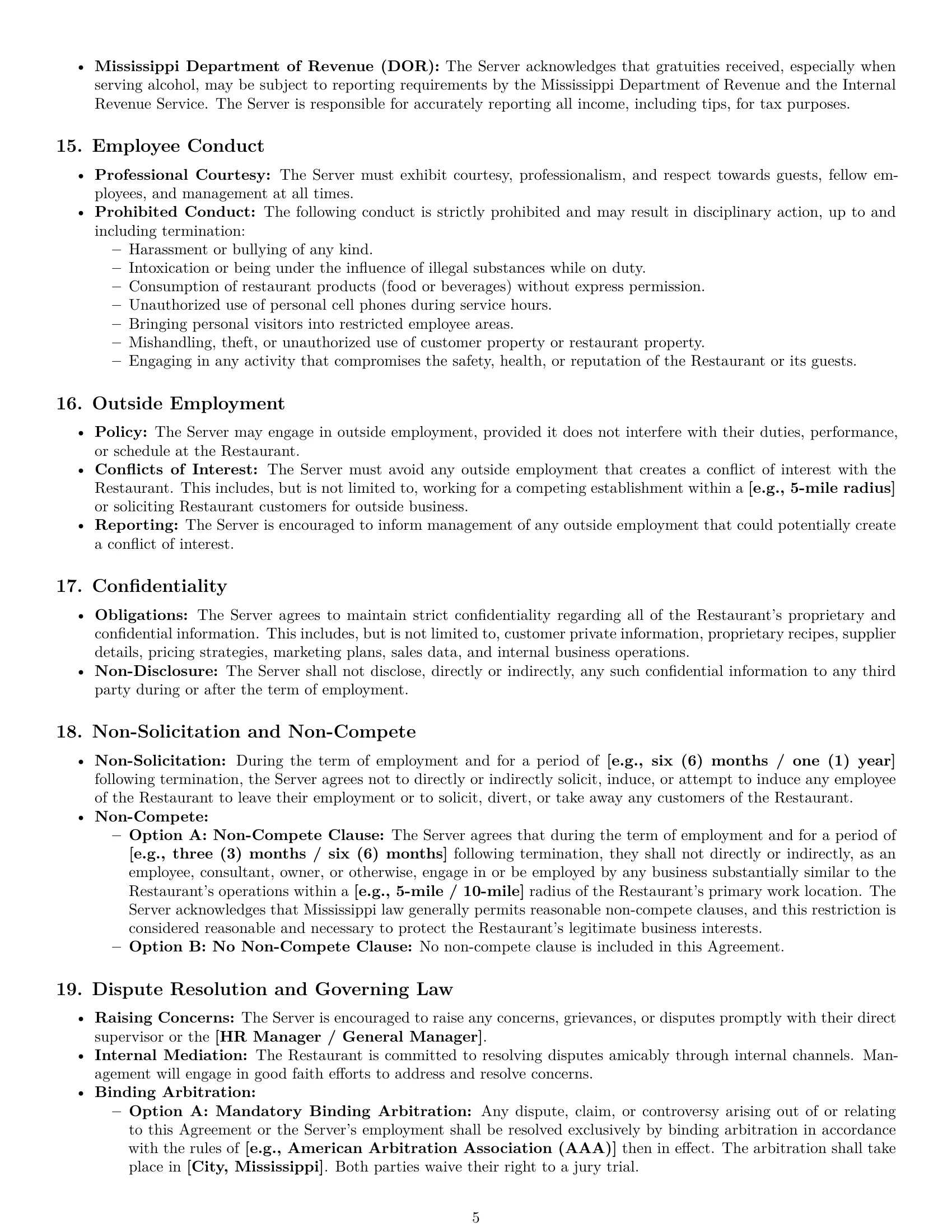 Preview page 5 of Pro Mississippi restaurant server employment contract template