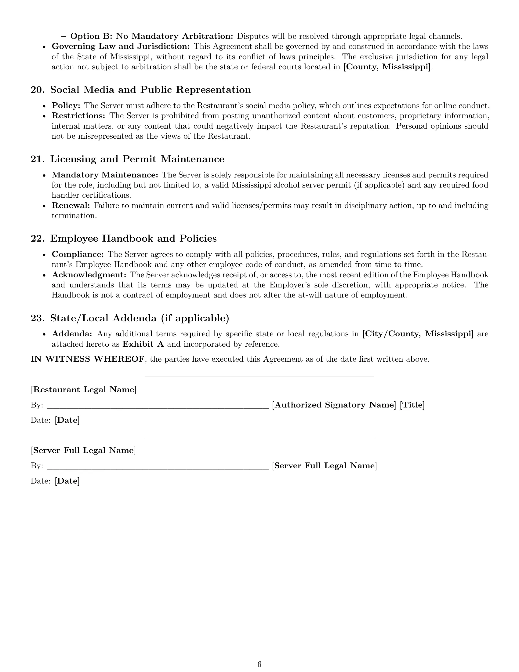 Preview page 6 of Pro Mississippi restaurant server employment contract template