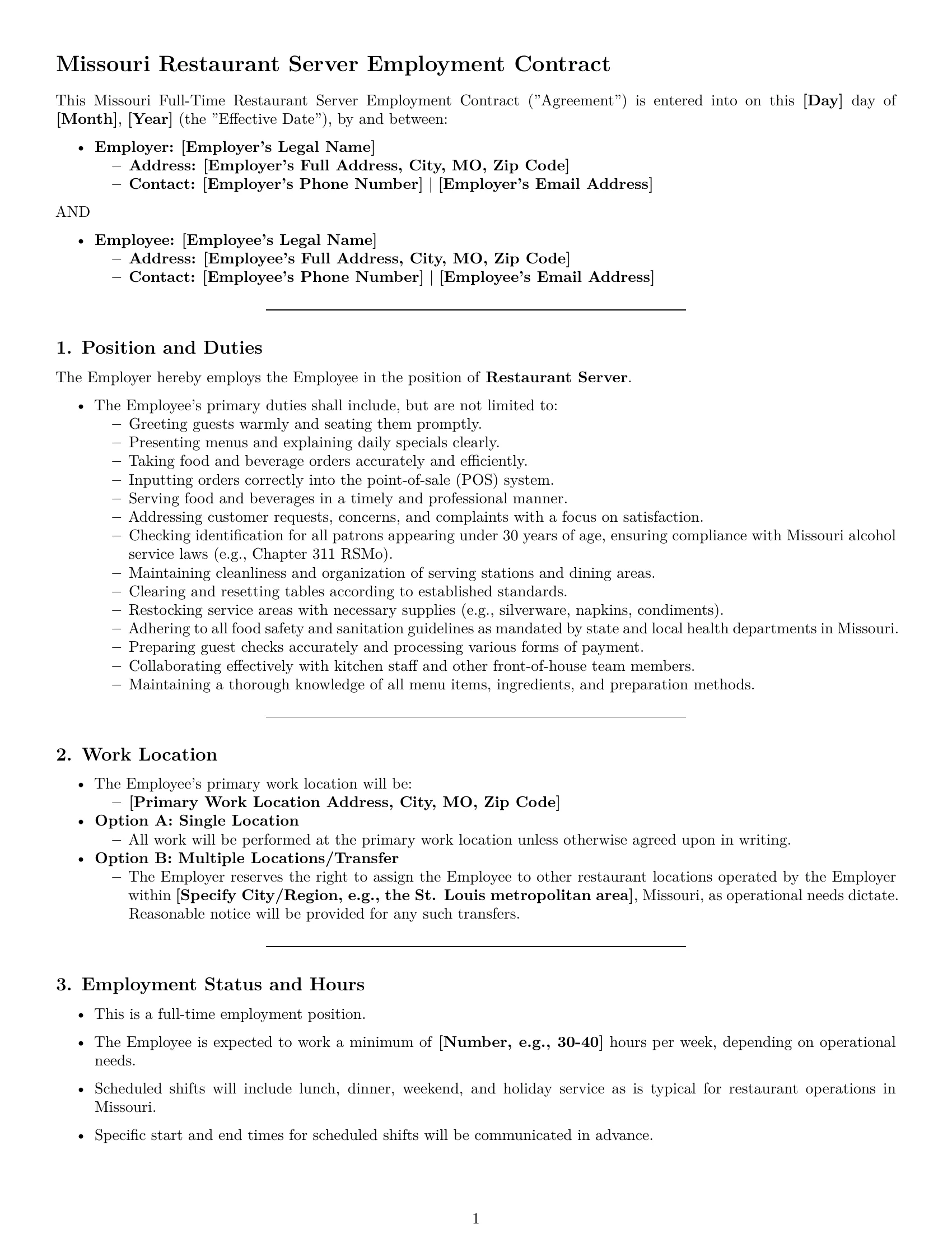 Preview page 1 of Pro Missouri restaurant server employment contract template