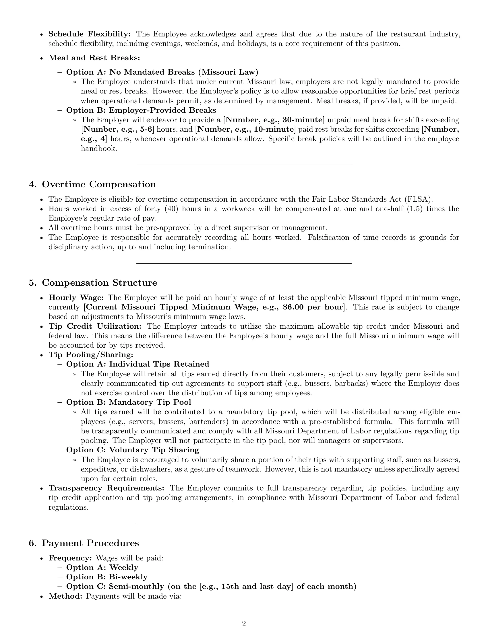 Preview page 2 of Pro Missouri restaurant server employment contract template