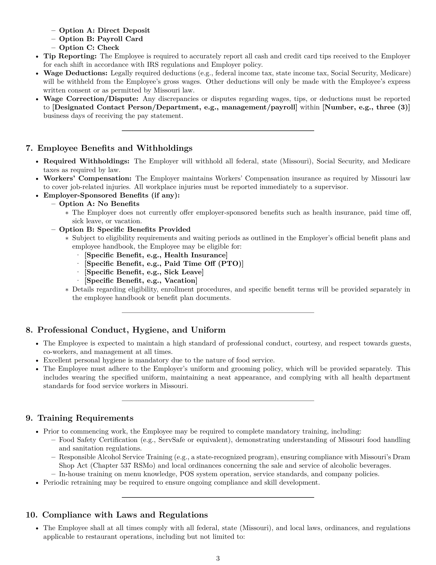 Preview page 3 of Pro Missouri restaurant server employment contract template