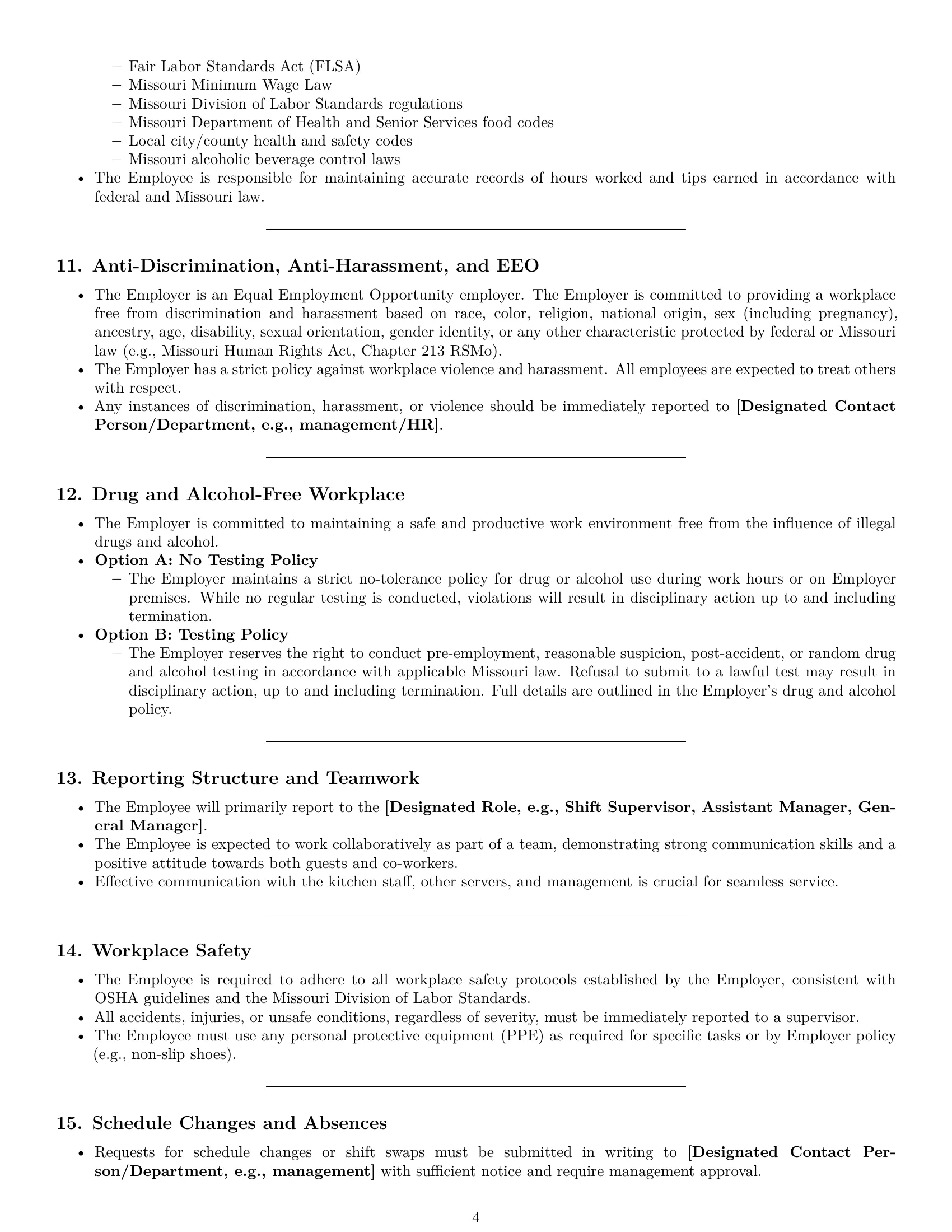 Preview page 4 of Pro Missouri restaurant server employment contract template