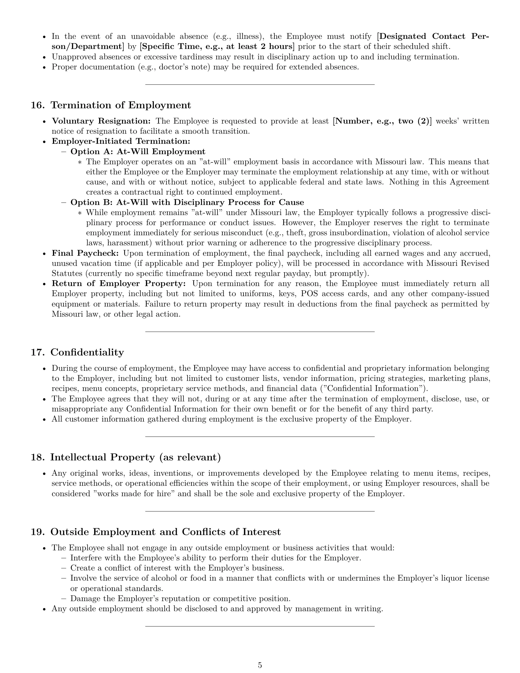 Preview page 5 of Pro Missouri restaurant server employment contract template
