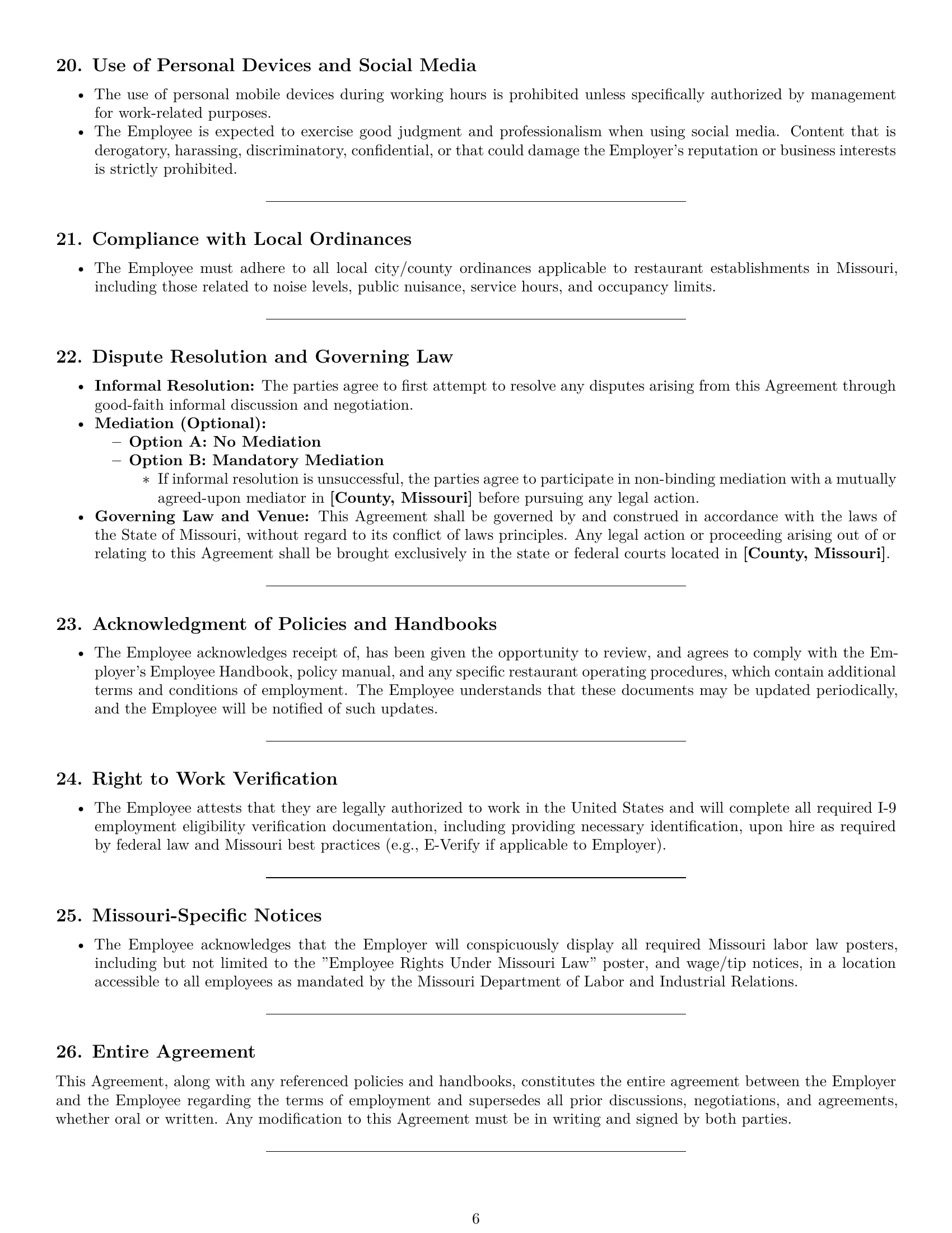 Preview page 6 of Pro Missouri restaurant server employment contract template