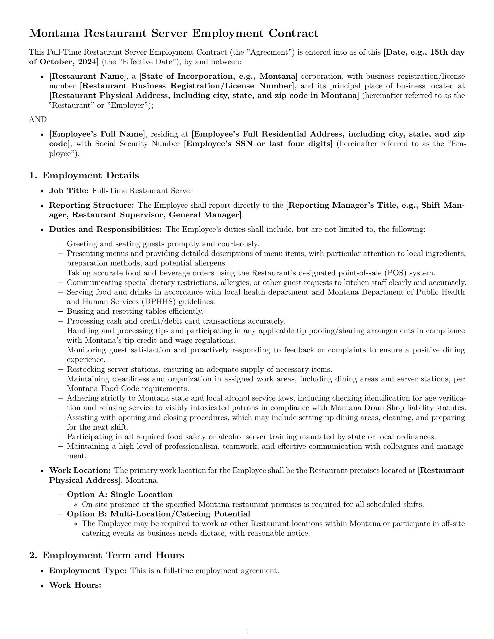 Preview page 1 of Pro Montana restaurant server employment contract template
