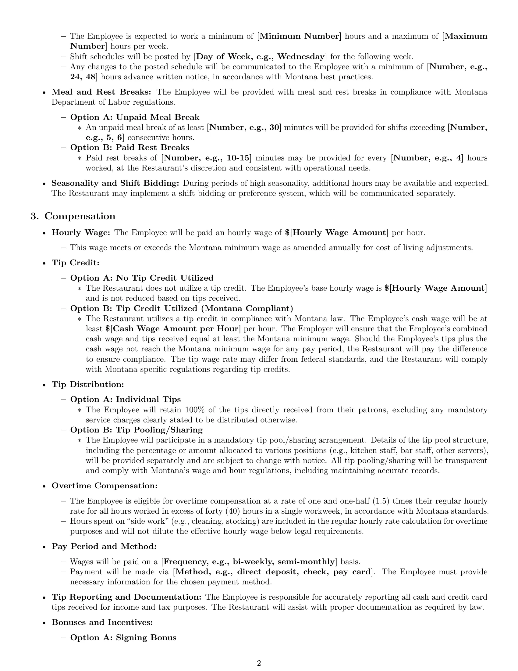 Preview page 2 of Pro Montana restaurant server employment contract template