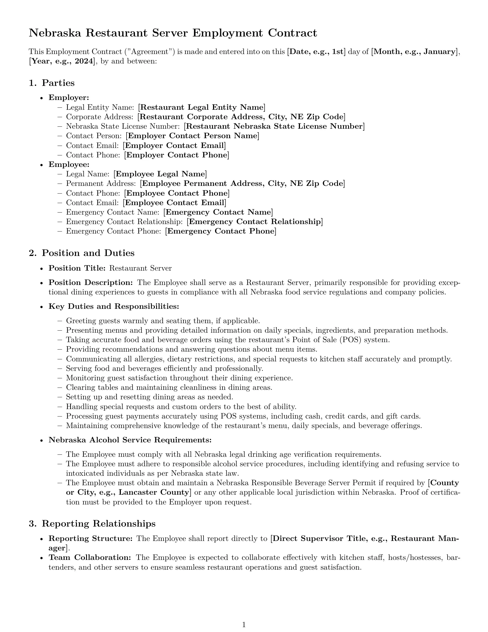 Preview page 1 of Pro Nebraska restaurant server employment contract template