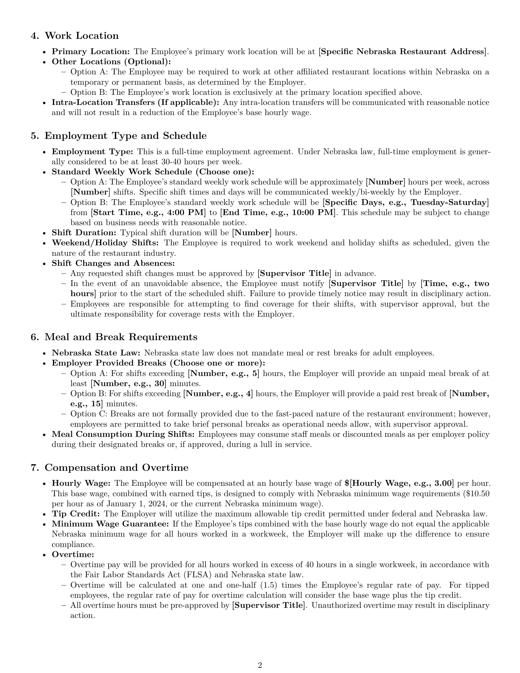 Preview page 2 of Pro Nebraska restaurant server employment contract template
