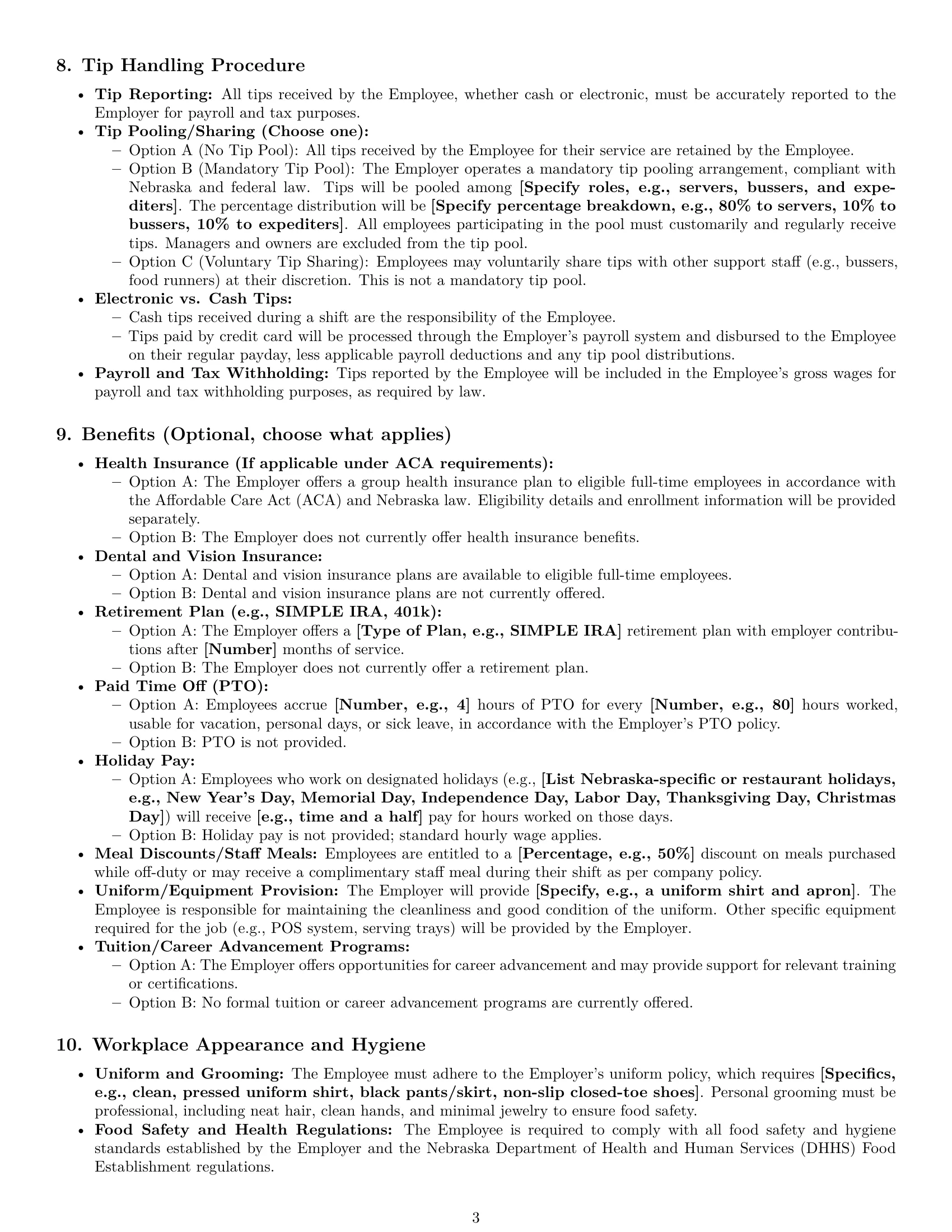 Preview page 3 of Pro Nebraska restaurant server employment contract template