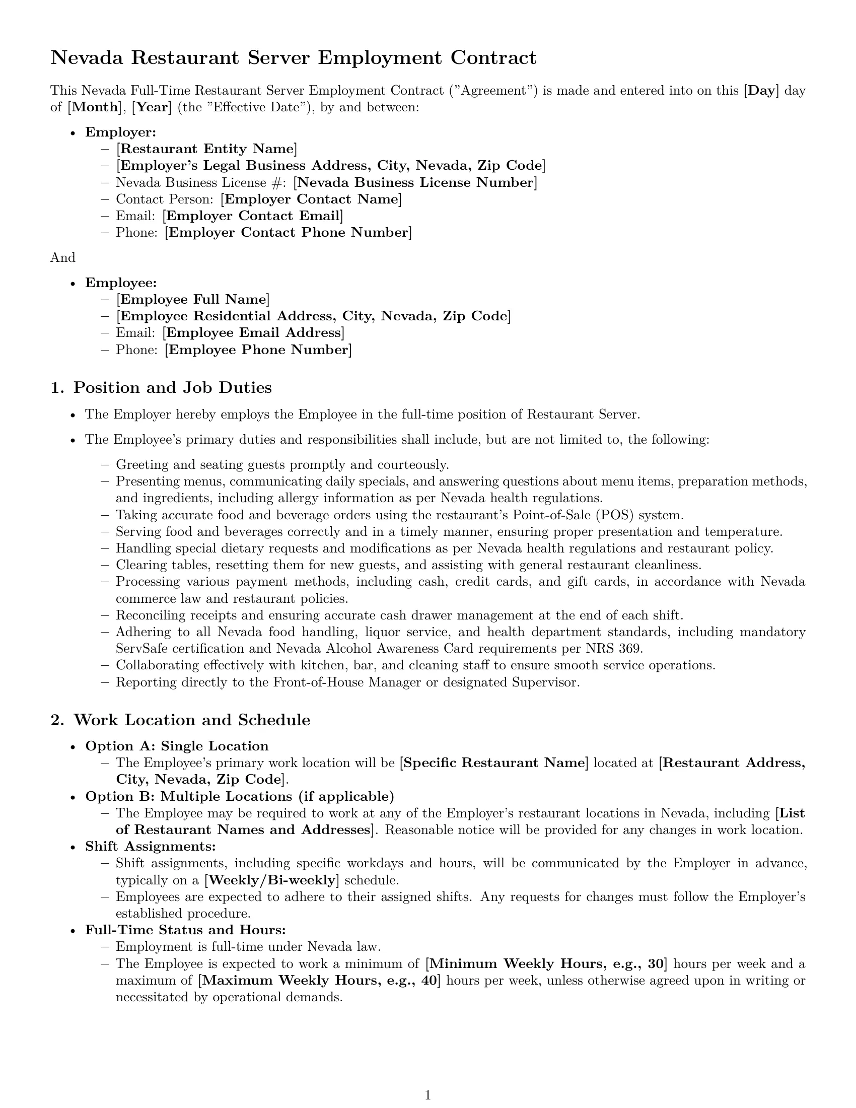 Preview page 1 of Pro Nevada restaurant server employment contract template