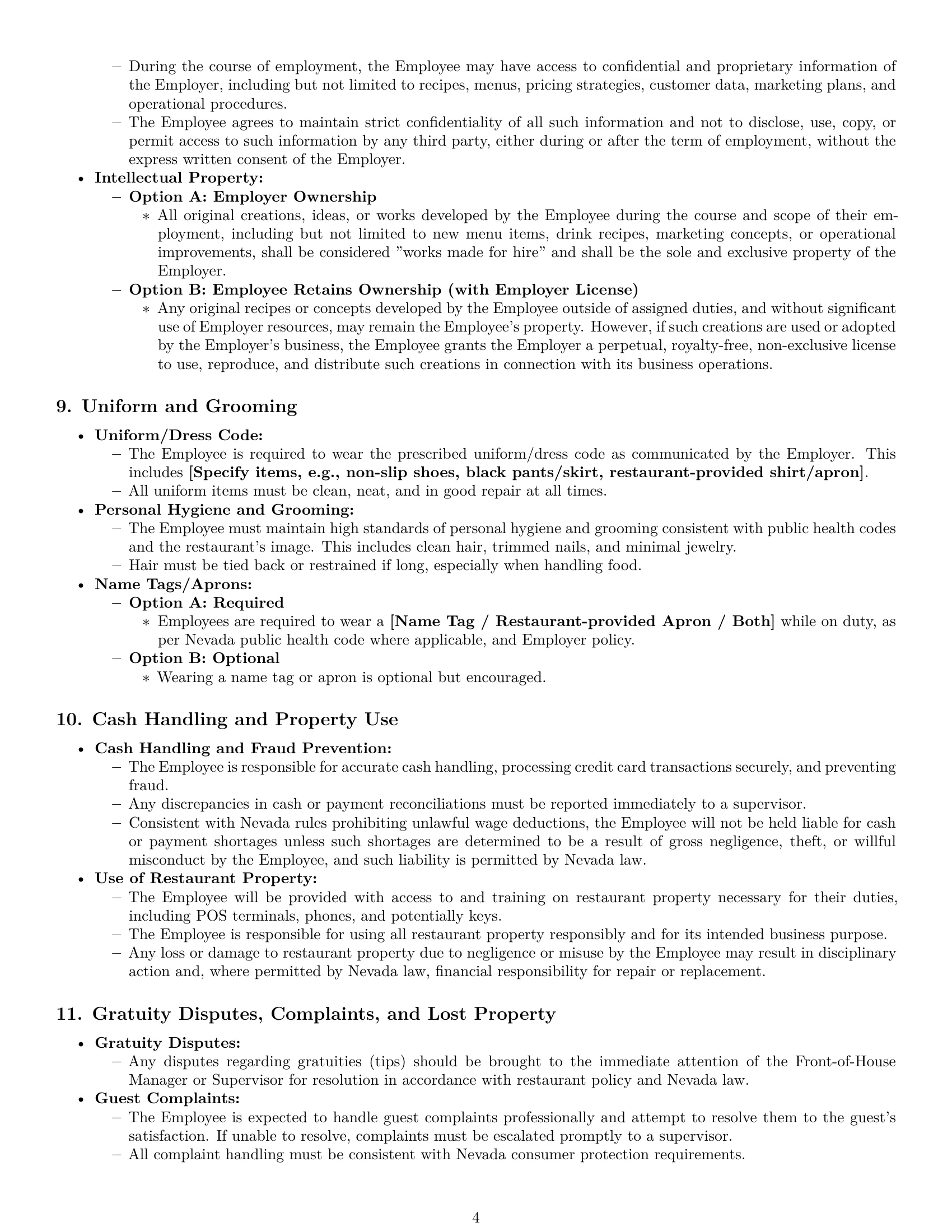 Preview page 4 of Pro Nevada restaurant server employment contract template