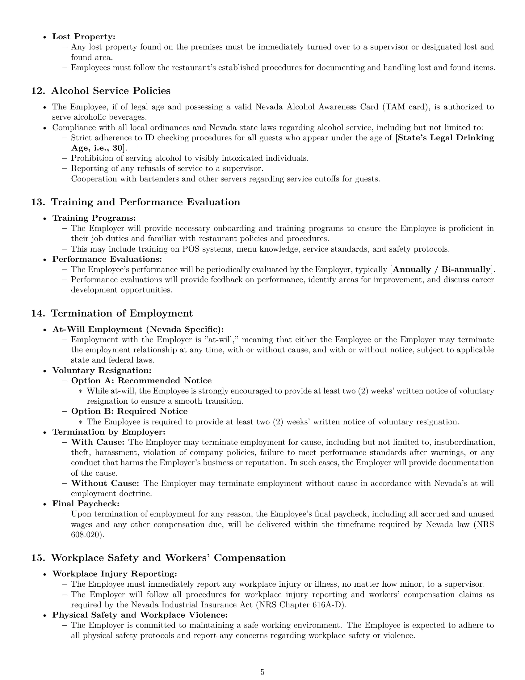 Preview page 5 of Pro Nevada restaurant server employment contract template