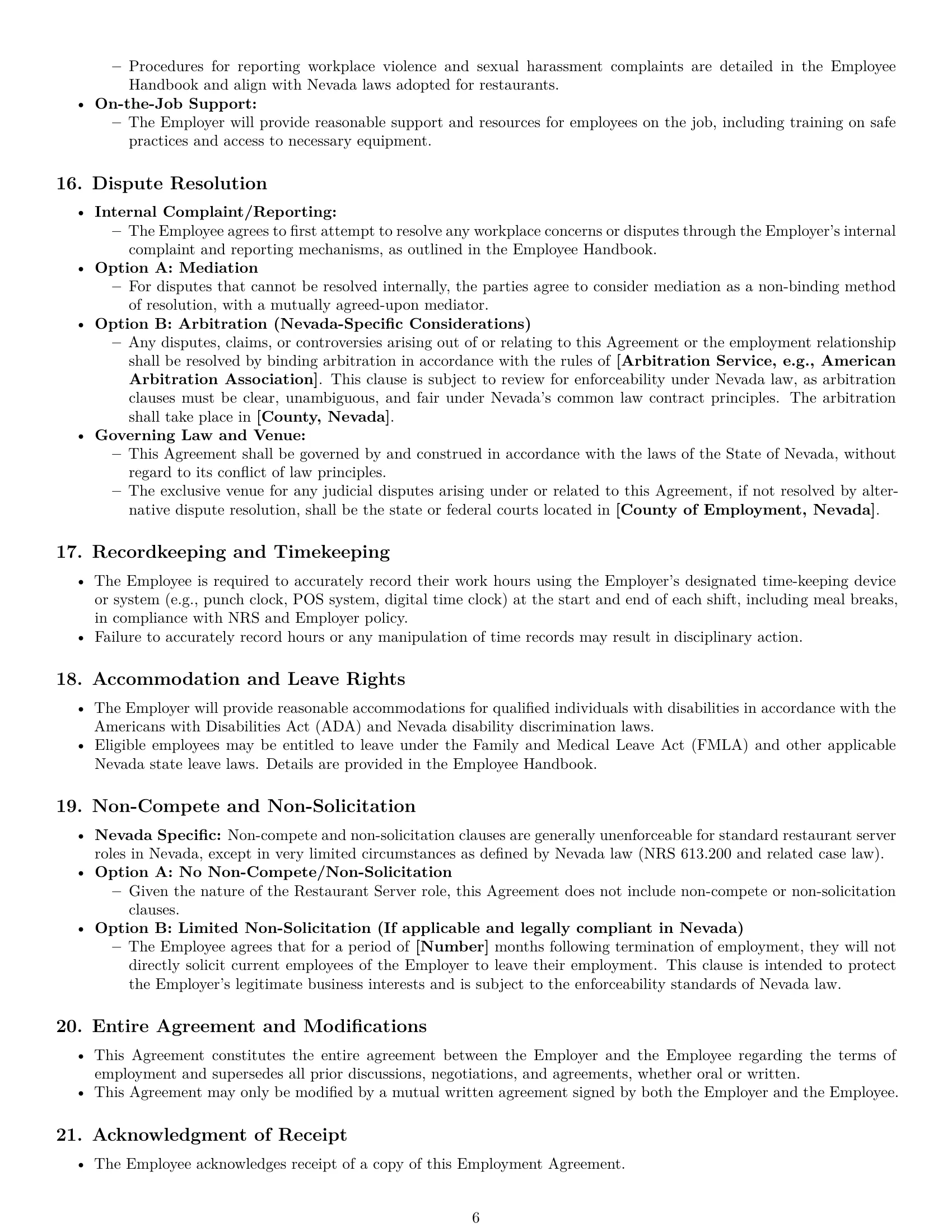 Preview page 6 of Pro Nevada restaurant server employment contract template