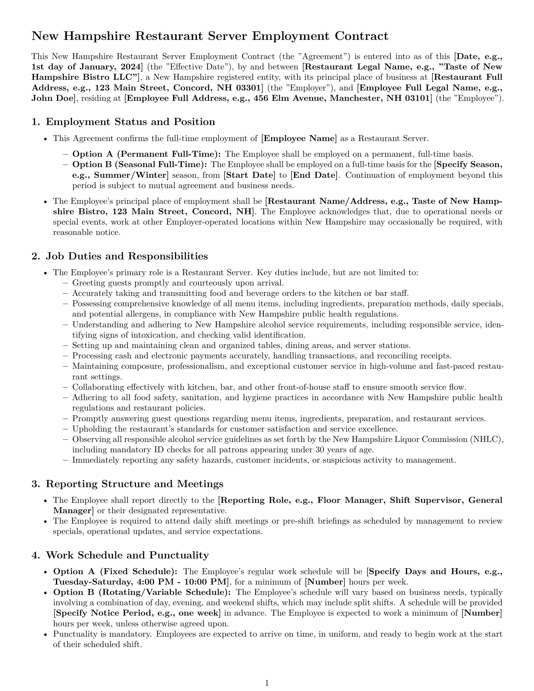 Preview page 1 of Pro New Hampshire restaurant server employment contract template