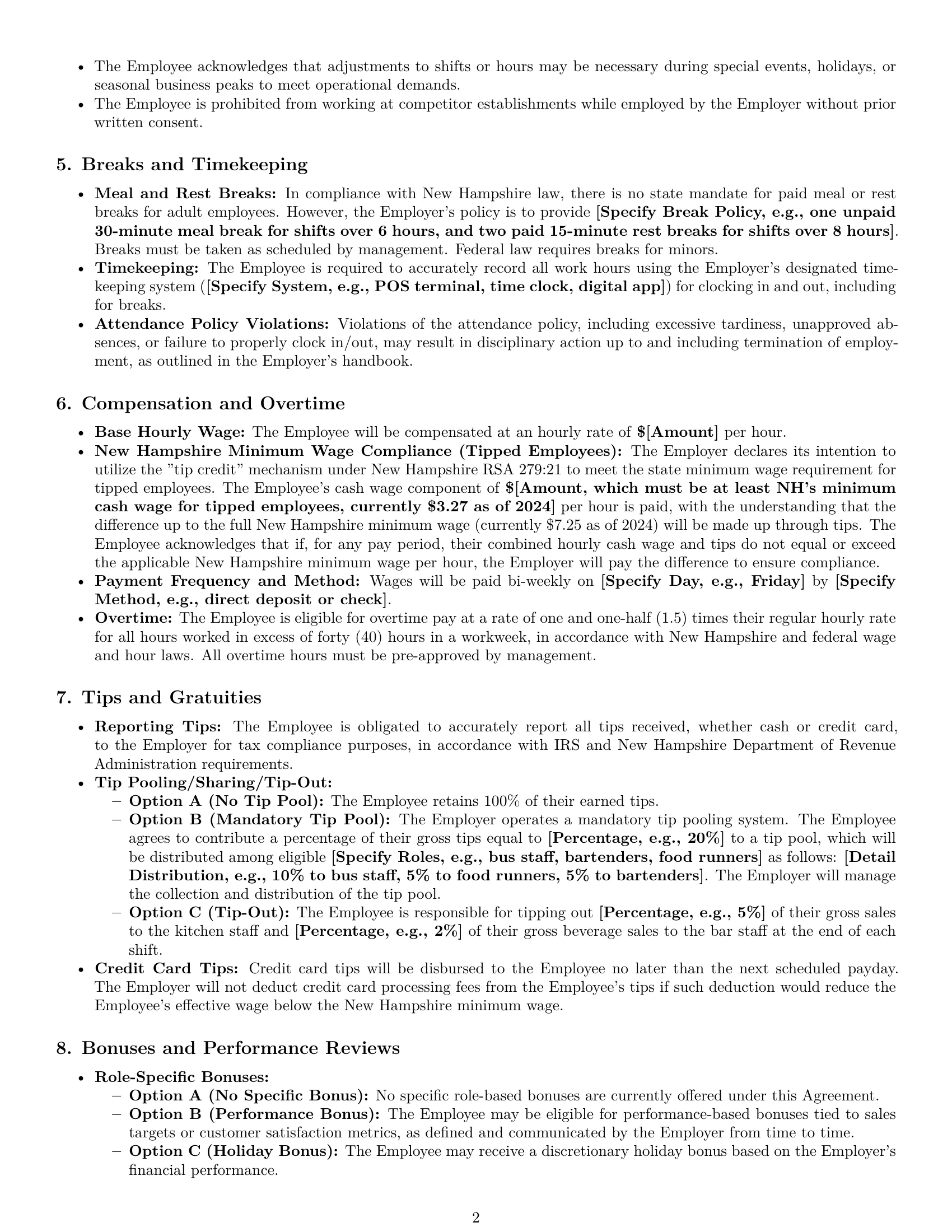 Preview page 2 of Pro New Hampshire restaurant server employment contract template