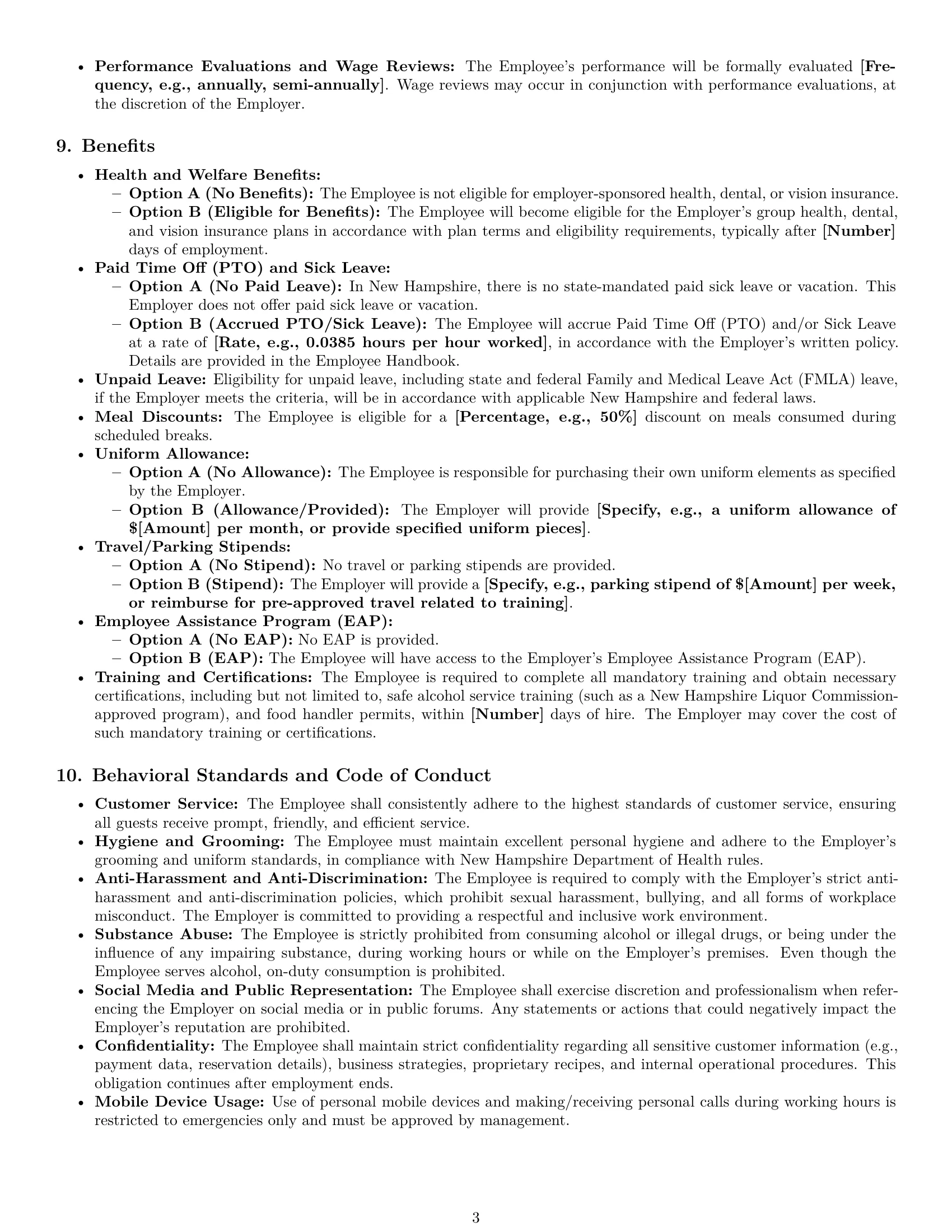 Preview page 3 of Pro New Hampshire restaurant server employment contract template