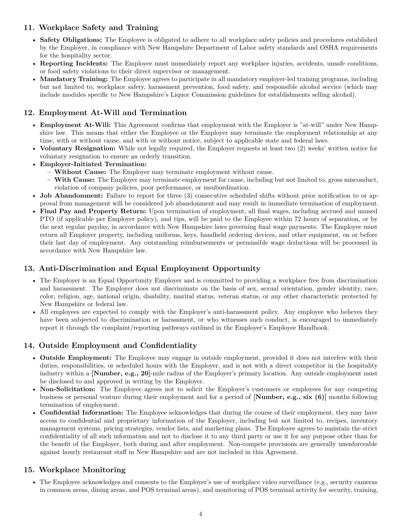 Preview page 4 of Pro New Hampshire restaurant server employment contract template