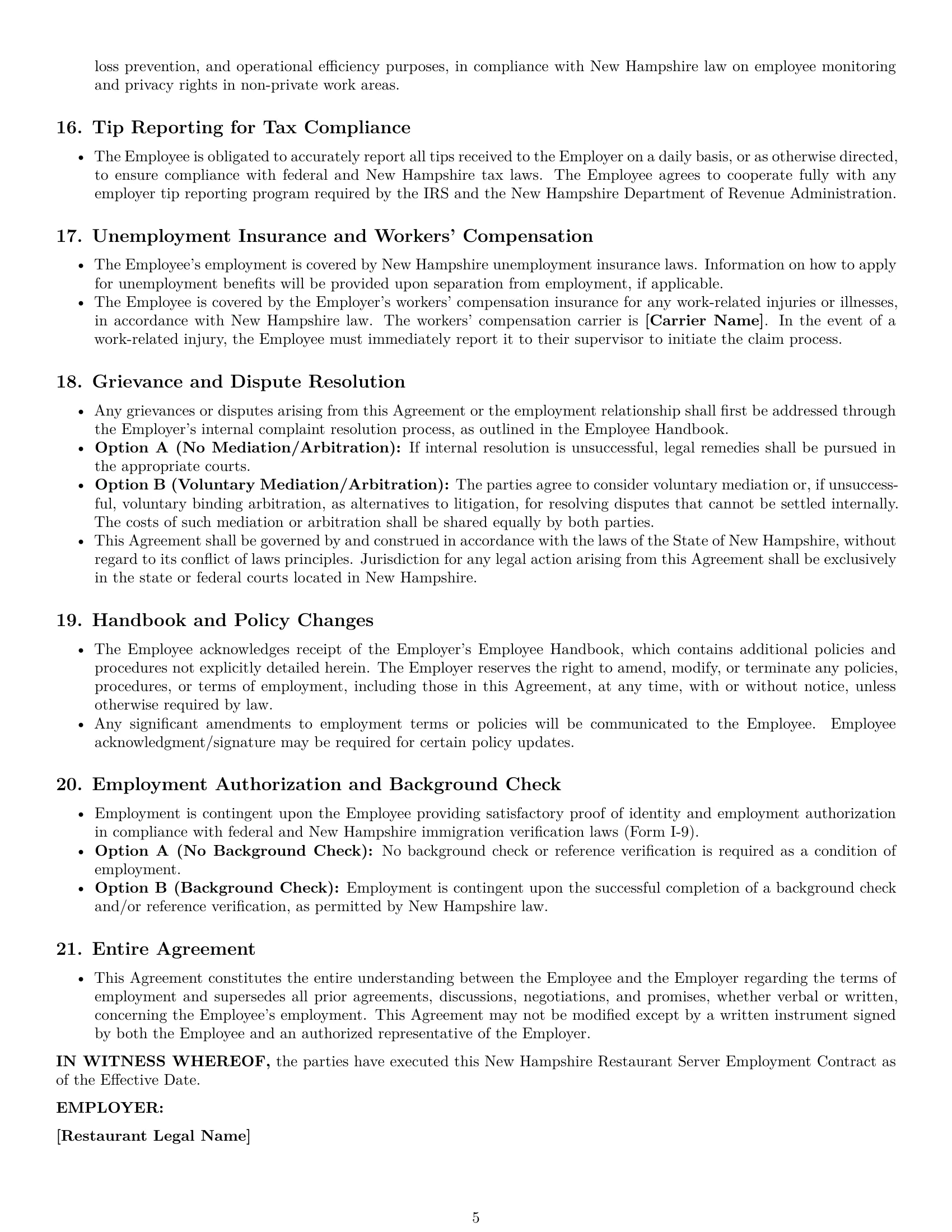 Preview page 5 of Pro New Hampshire restaurant server employment contract template