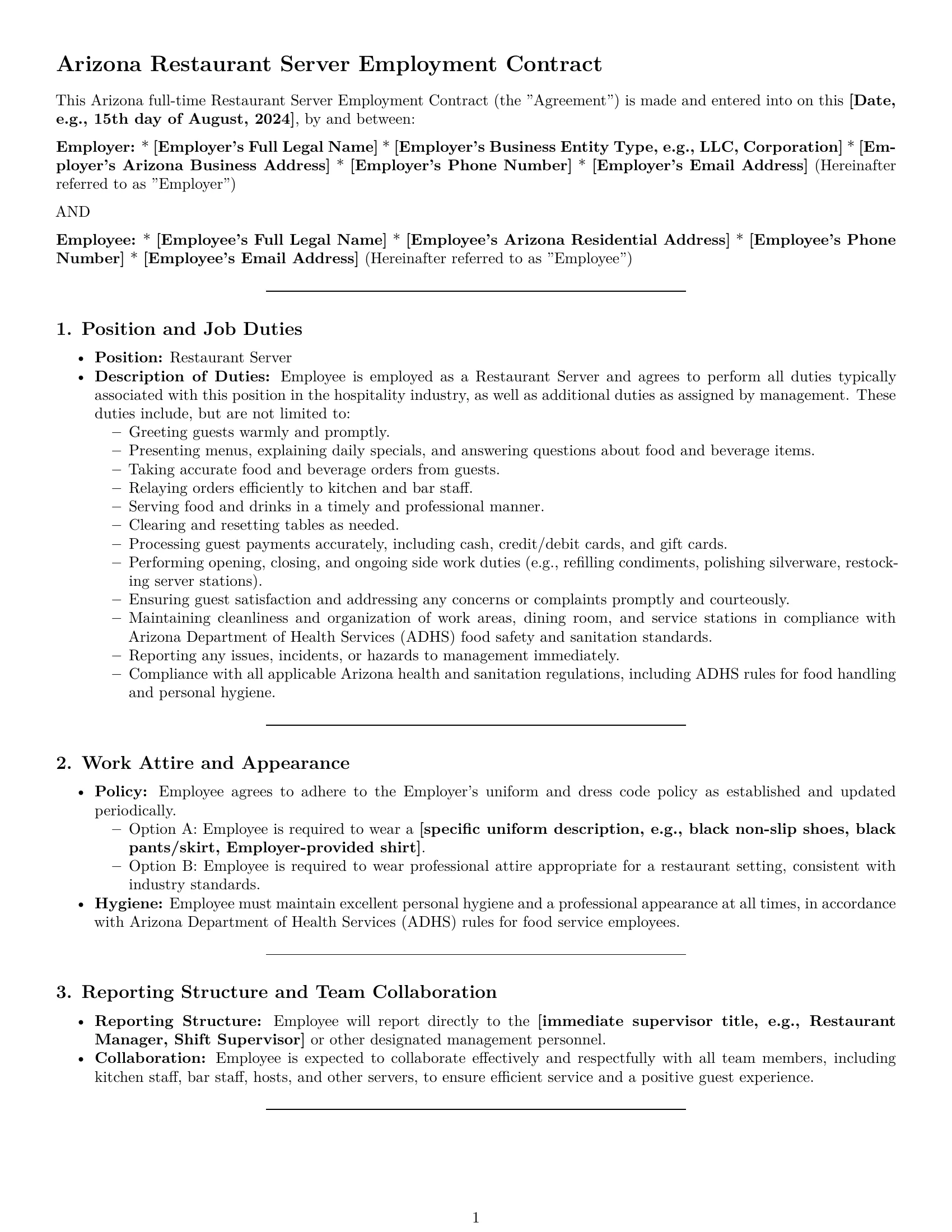 Preview page 1 of Pro Arizona restaurant server employment contract template