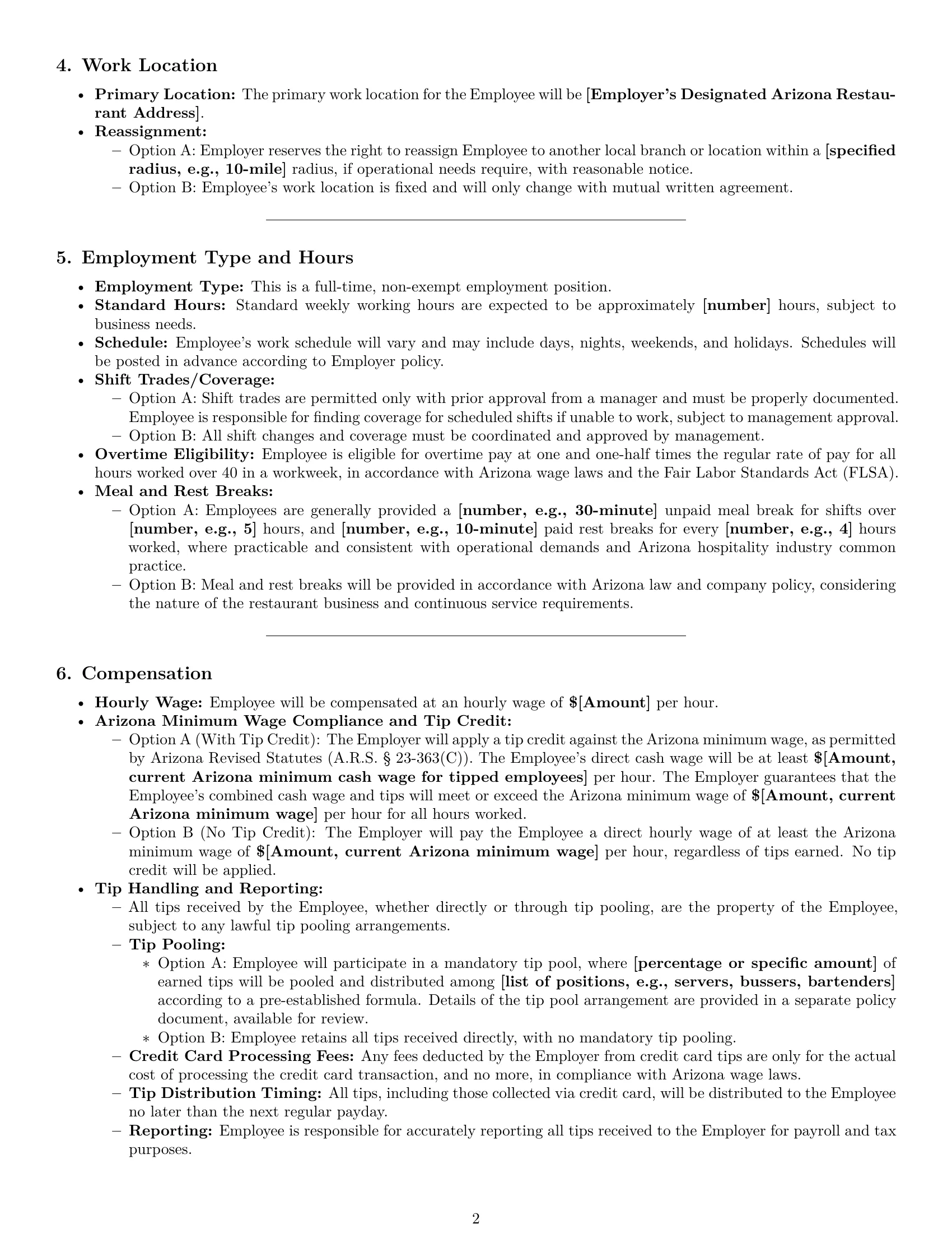 Preview page 2 of Pro Arizona restaurant server employment contract template