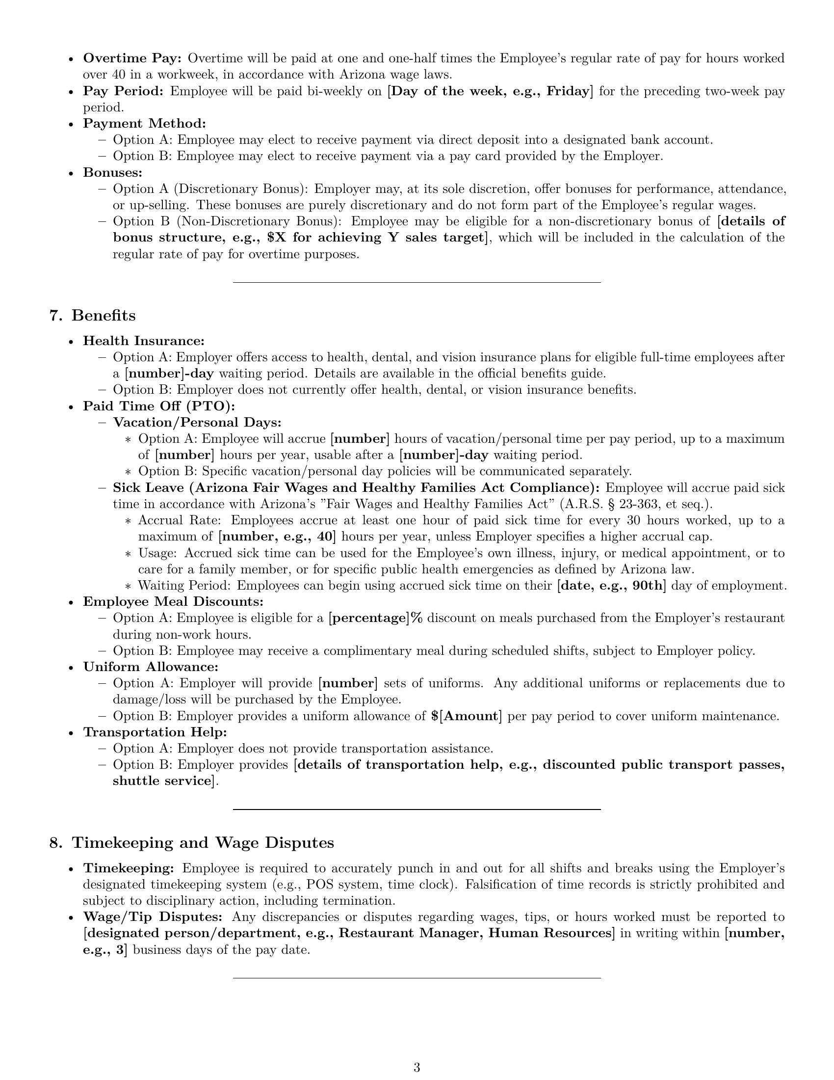 Preview page 3 of Pro Arizona restaurant server employment contract template