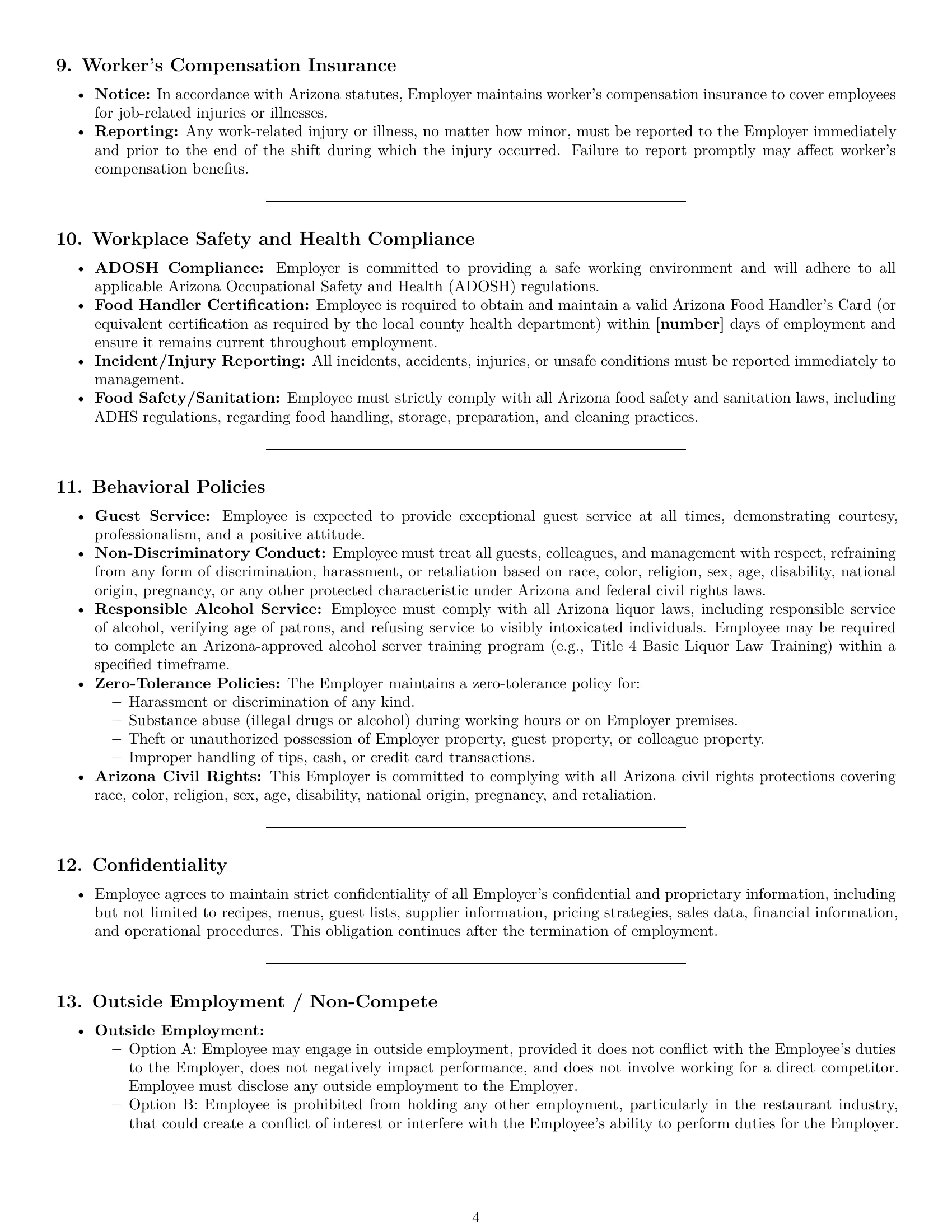 Preview page 4 of Pro Arizona restaurant server employment contract template