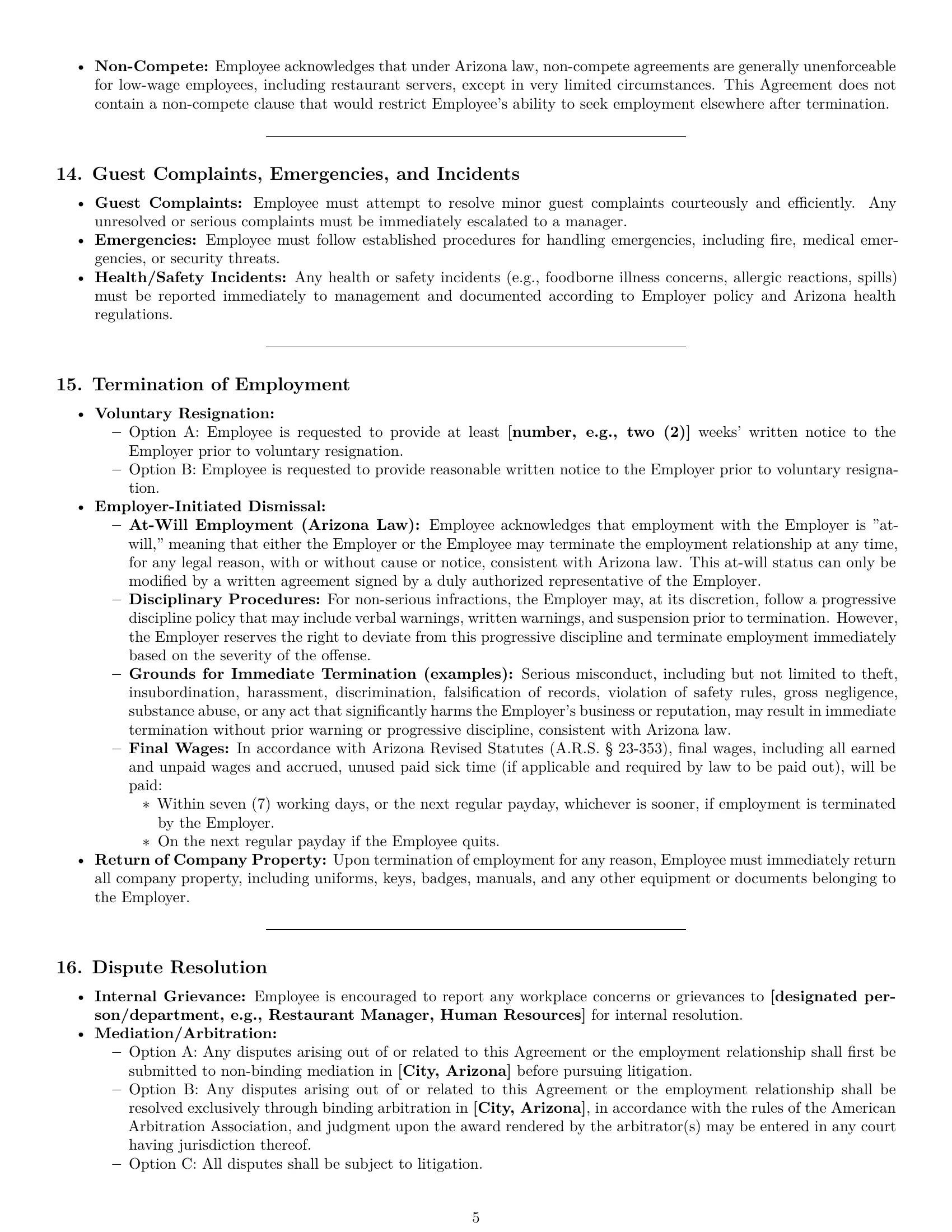 Preview page 5 of Pro Arizona restaurant server employment contract template