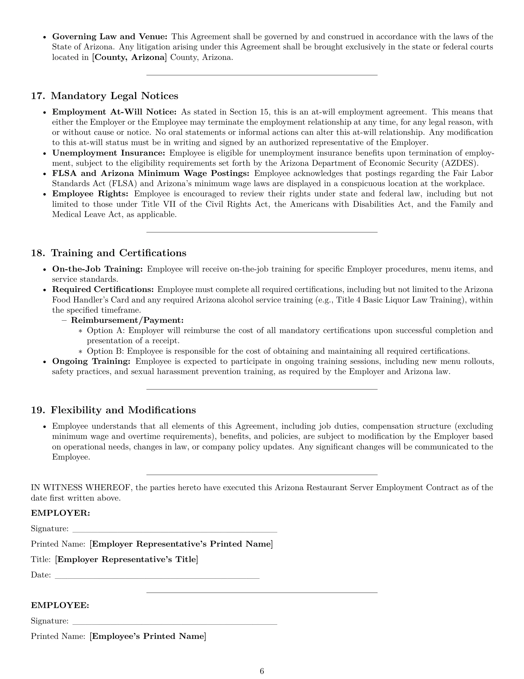 Preview page 6 of Pro Arizona restaurant server employment contract template